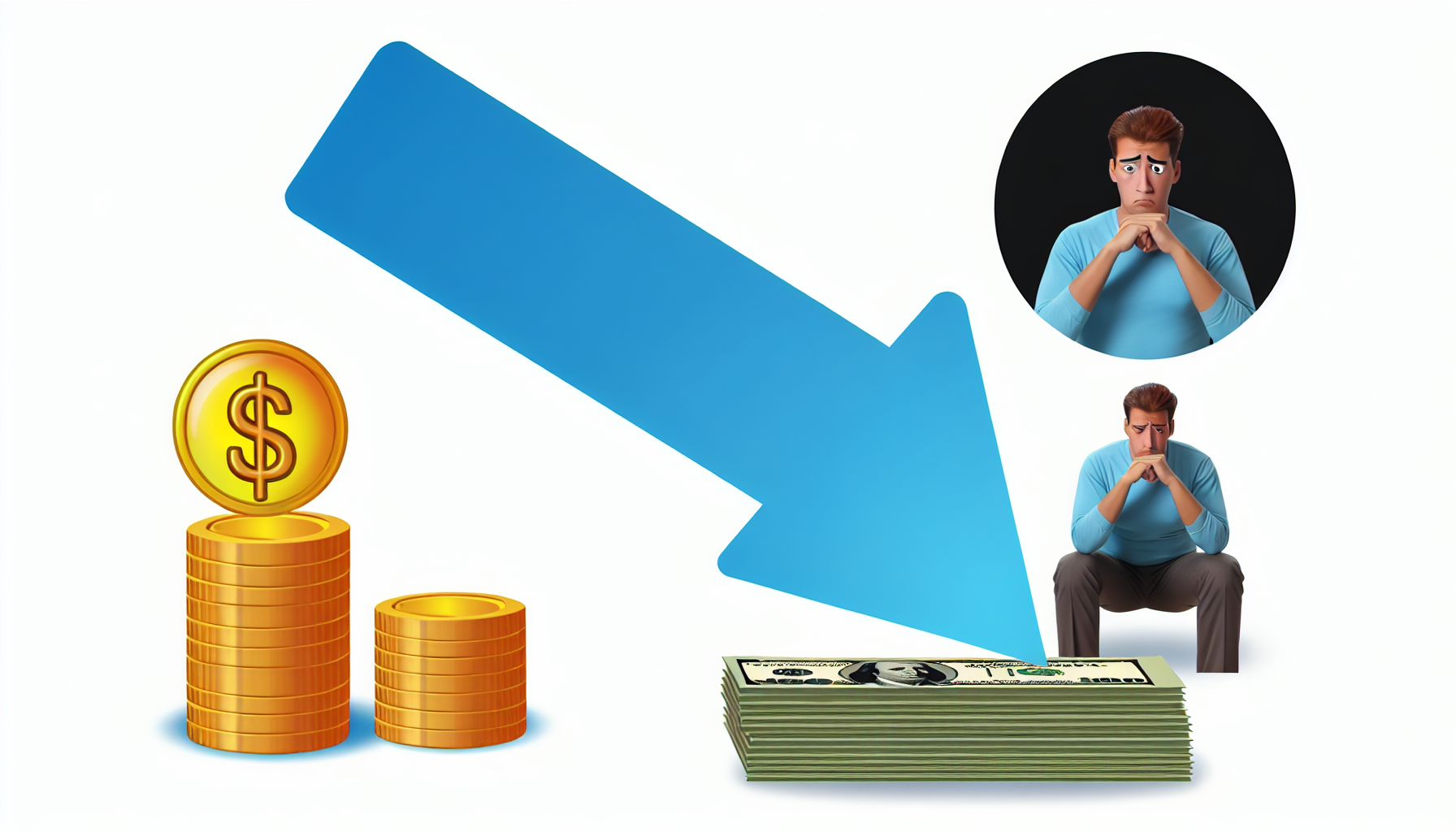 Eine Illustration des Konzepts der Schuldenreduzierung. Ein Stapel aus Goldmünzen und Dollar-Scheinen, der allmählich kleiner wird, dargestellt unter einem nach unten zeigenden Pfeil. Im Hintergrund schaut ein Mann erleichtert zu, während sich seine finanziellen Belastungen verringern.
