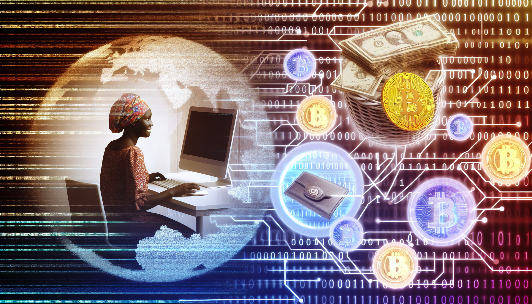 Eine abstrakte konzeptionelle Darstellung des Geldverdienens online. Sie kann eine vielfältige Mischung von Elementen enthalten, wie eine afrikanische Frau, die an ihrem Computer in ihrem Homeoffice sitzt, eine Tastatur mit Münzen anstelle von Tasten, digitale Geldbörsen oder Bitcoin-Symbole, die in einer Matrix aus Binärcode schweben, und verkabelte Netzwerkverbindungen, die sich in physisches Geld verwandeln. Achten Sie darauf, verschiedene globale Währungen einzubeziehen, um den globalen Umfang der Internetverdienste darzustellen.