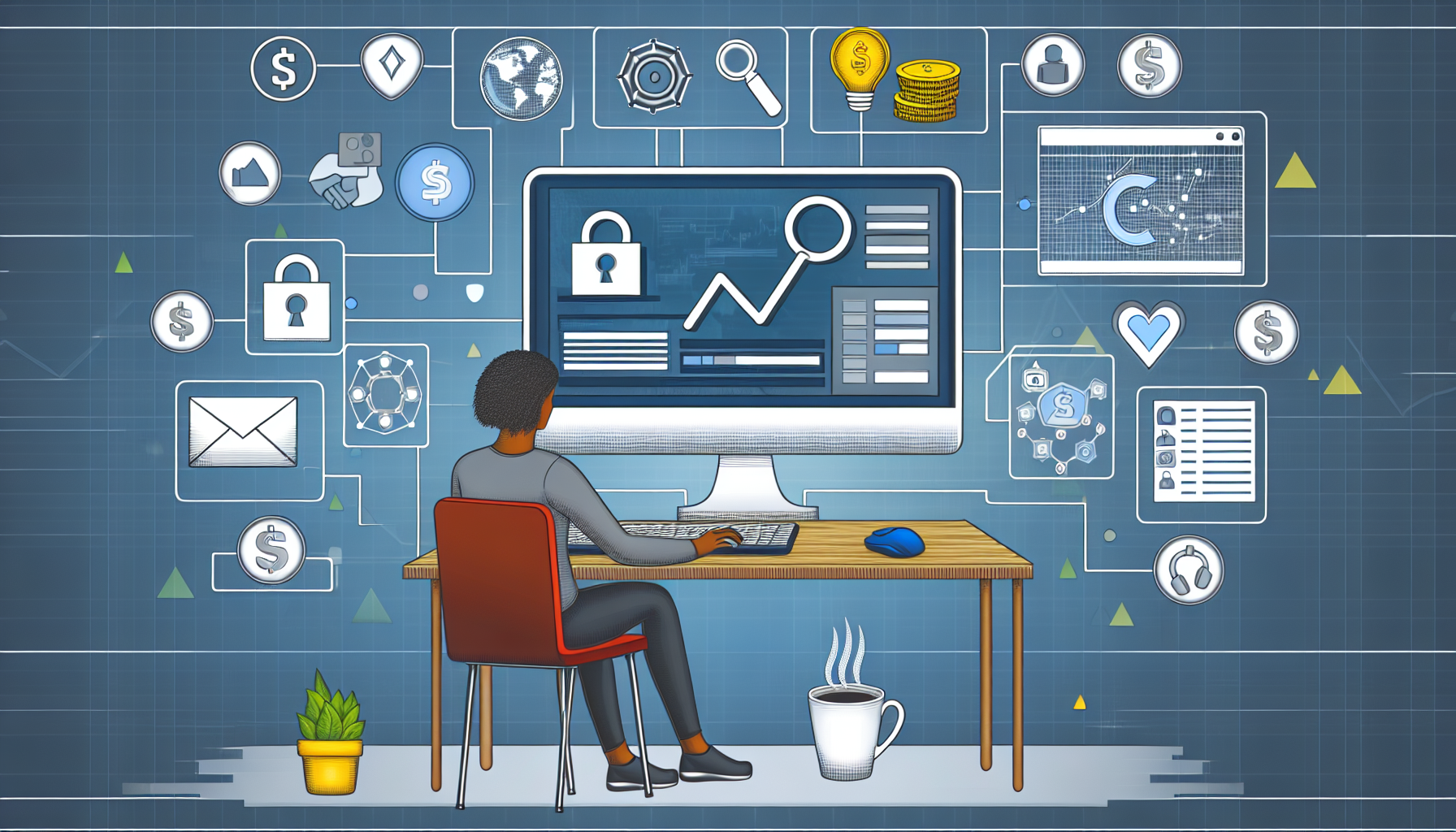 Eine detaillierte Darstellung, wie man im Internet Geld verdient. Zeigen Sie eine Person hispanischer Abstammung, Geschlecht nicht spezifiziert, die an einem Schreibtisch mit einem modernen Computer sitzt. Auf dem Bildschirm sind Diagramme, Grafiken und Symbole zu sehen, die mit Online-Geschäften verbunden sind, wie eine E-Commerce-Website oder eine Seite für den Aktienhandel. Fügen Sie Elemente wie eine Maus, eine Tastatur und eine Tasse Kaffee in der Nähe hinzu. Ergänzen Sie symbolische Elemente, wie digitale Münzen, um das Verdienen von Geld online anzudeuten. Zeigen Sie keine spezifischen Marken oder persönlichen Informationen.