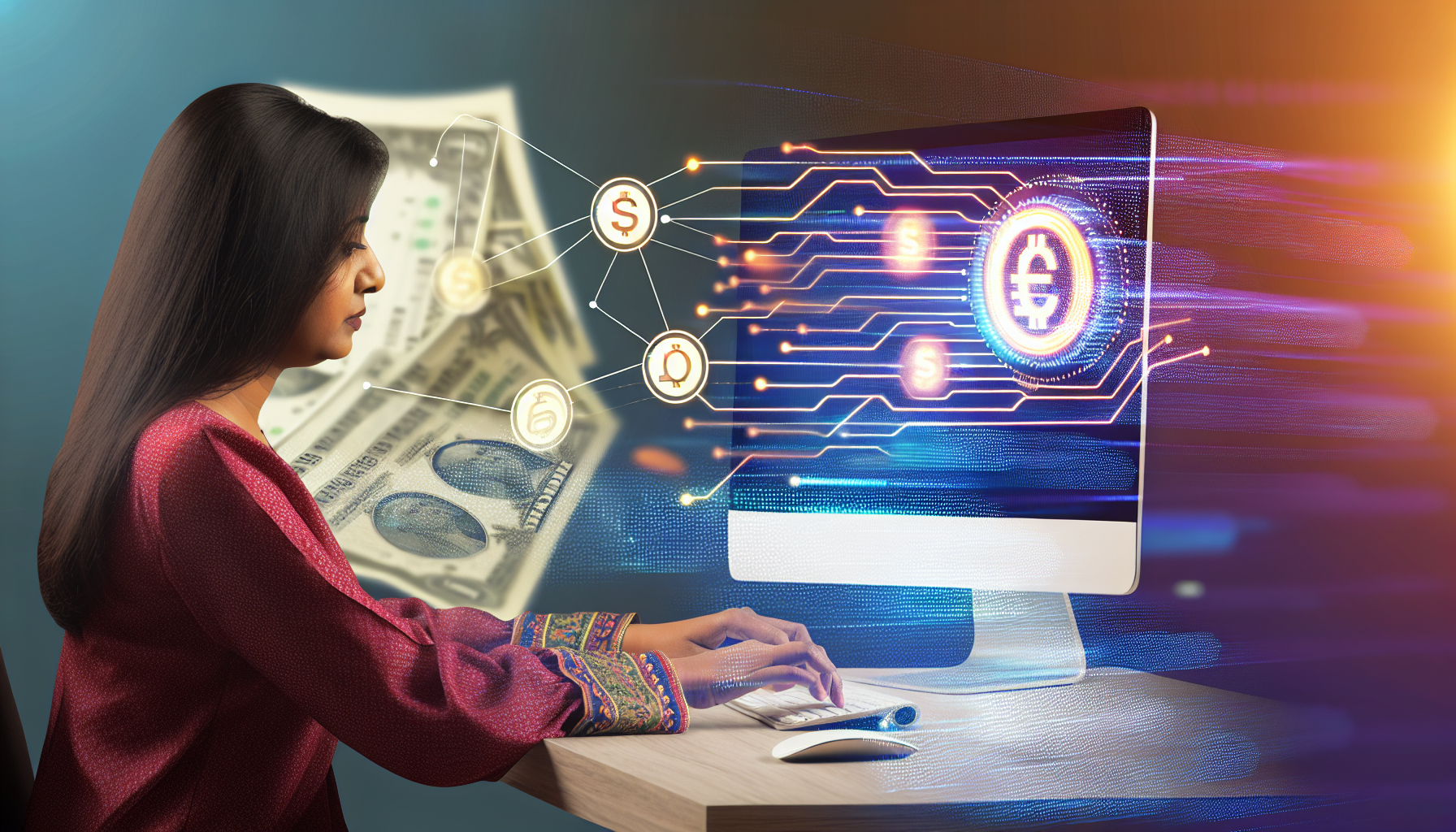 Eine Darstellung des Geldverdienens im Internet. Zeigen Sie eine südasianische Frau, die an einem Schreibtisch sitzt und an einem Computer arbeitet, während ihre Finger geschickt auf der Tastatur tippen. Der Computerbildschirm zeigt verschiedene Symbole für Online-Transaktionen und digitale Währungen, die das internetbasierte Finanzsystem repräsentieren. Im Hintergrund ist ein metaphorischer Fluss von Münzen oder Scheinen zu sehen, der vom Bildschirm in eine digitale Brieftasche strömt und das online generierte Einkommen symbolisiert.
