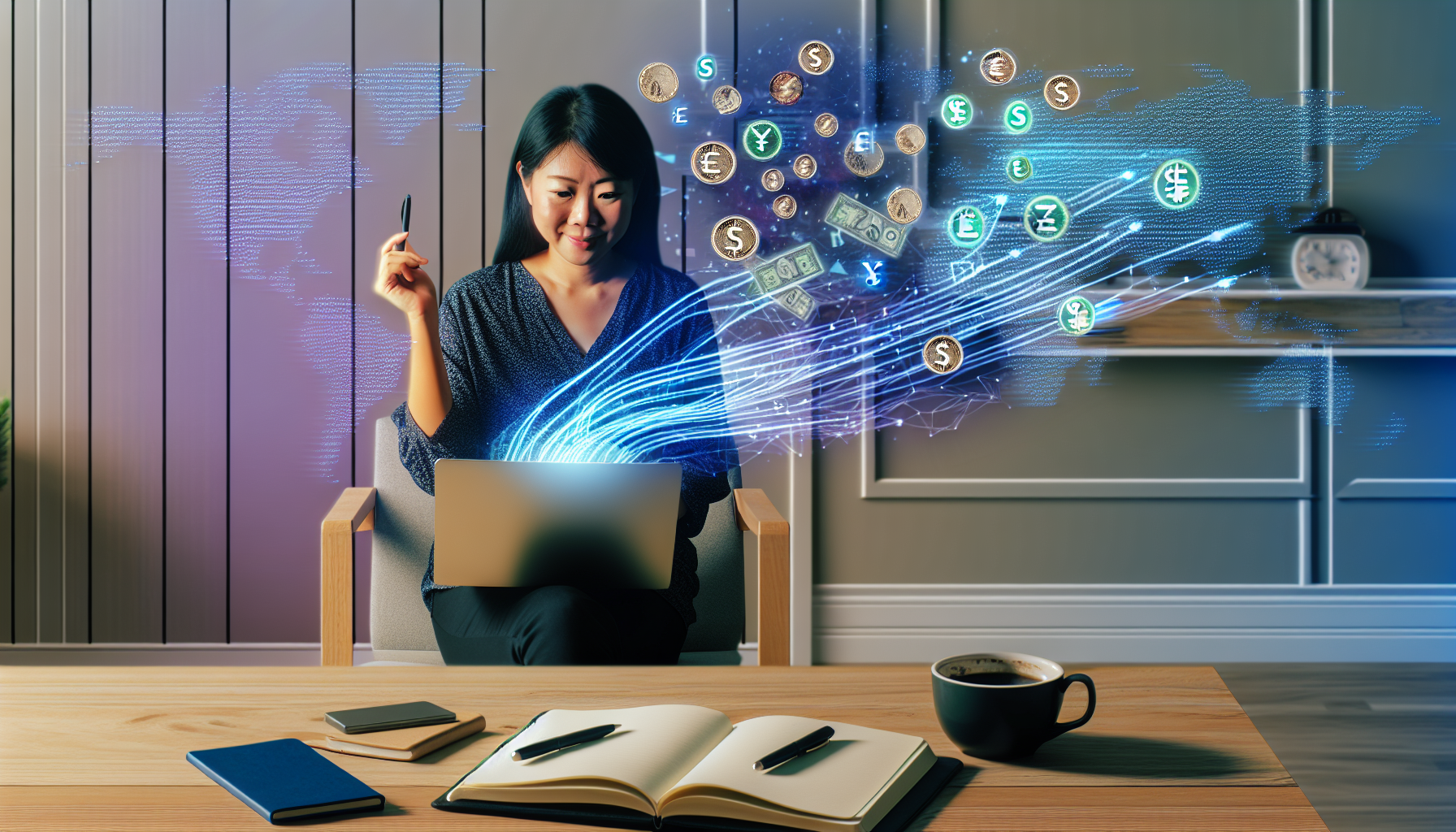 Eine visuelle Darstellung einer Person, die im Internet Geld verdient. Diese Person, eine asiatische Frau, ist bequem in einem modernen Homeoffice eingerichtet, mit einem Laptop, der ein erfolgreiches Online-Geschäft zeigt. Es gibt auch digitale Informationsströme und Symbole verschiedener Währungen, die in der Luft schweben und die globalen Online-Einnahmen symbolisieren. Auf dem Schreibtisch befinden sich Notizbücher, Kaffee und andere gängige Werkzeuge für ein Homeoffice-Setting.