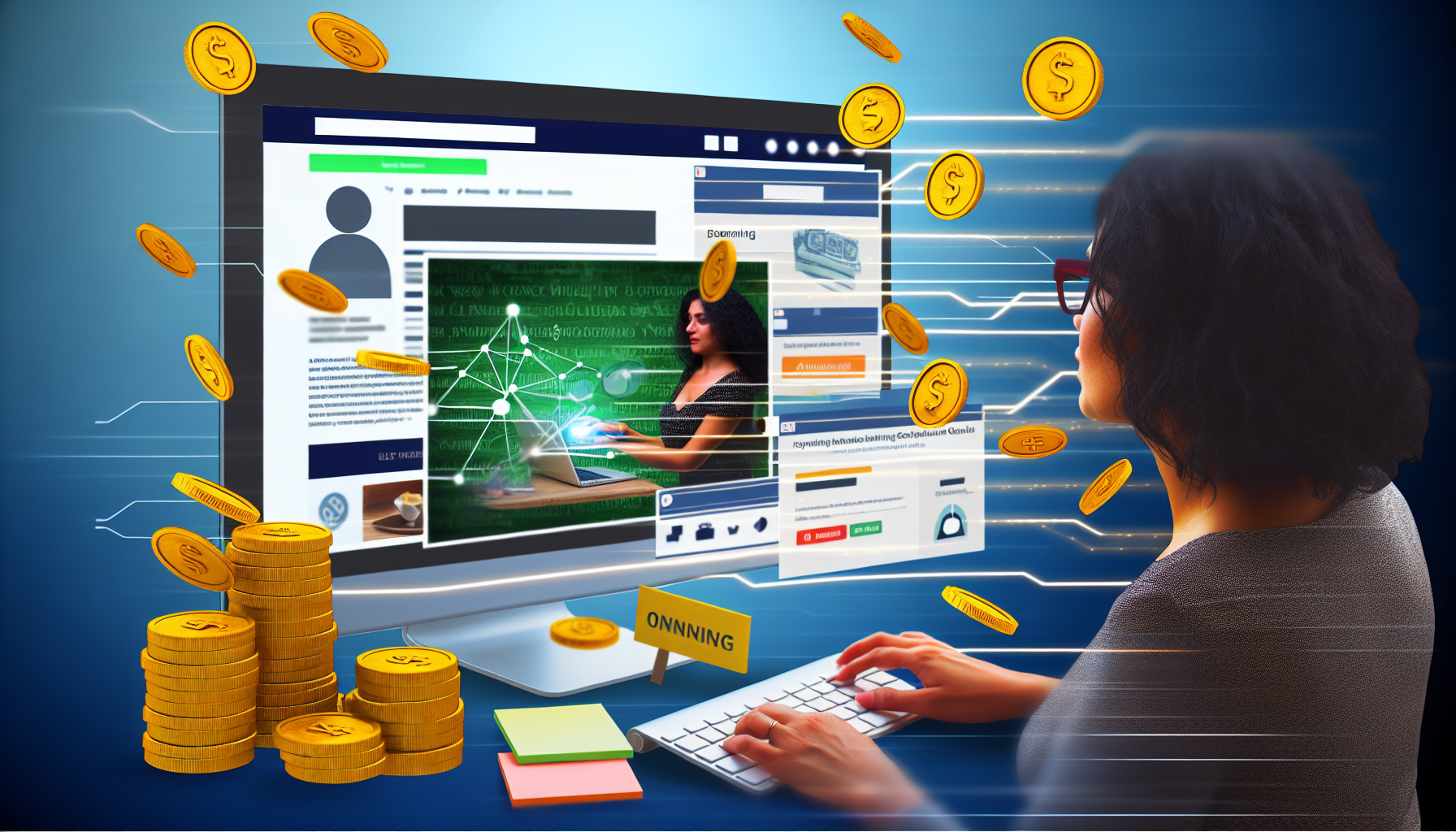 Eine konzeptionelle Darstellung des Geldverdienens im Internet. Das Bild zeigt einen Computer mit einem geöffneten Webbrowser. Der Bildschirm zeigt verschiedene bekannte Online-Einkommensquellen, wie einen E-Commerce-Shop, einen Blog mit Werbung und eine Plattform für Live-Streaming und Crowdfunding. In der Nähe tippt eine Frau hispanischer Abstammung auf der Tastatur, während ein Mann südasiatischer Abstammung mit Haftnotizen brainstormt. Auf dem Bildschirm strömen digitale Münzen heraus, die die online erzielten finanziellen Gewinne symbolisieren.