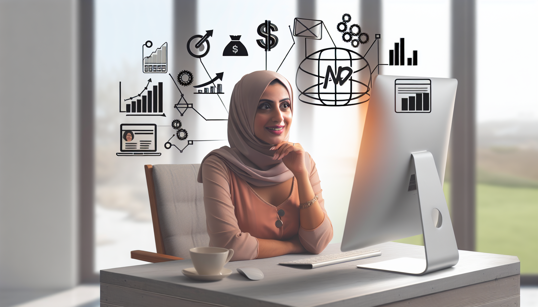 Stellen Sie das Konzept dar, Geld im Internet zu verdienen. Zeigen Sie eine Frau aus dem Nahen Osten, die an einem modernen Schreibtisch sitzt, mit einem Computer, dessen Bildschirm verschiedene Grafiken und Wachstumsdiagramme anzeigt, um erfolgreiche Online-Geschäfte zu verdeutlichen. Fügen Sie Symbole für verschiedene Online-Einnahmequellen hinzu, wie ein kleines Icon für E-Commerce mit einem Einkaufswagen, ein Blogging-Icon und ein digitales Marketing-Icon. Sie lächelt, während sie die positiven Ergebnisse ihrer Bemühungen sieht. Der Kontext deutet auf ein ruhiges Homeoffice am Tag hin, mit einem großen Fenster, das reichlich Sonnenlicht hereinlässt. Die Atmosphäre ist friedlich, produktiv und erfolgreich.