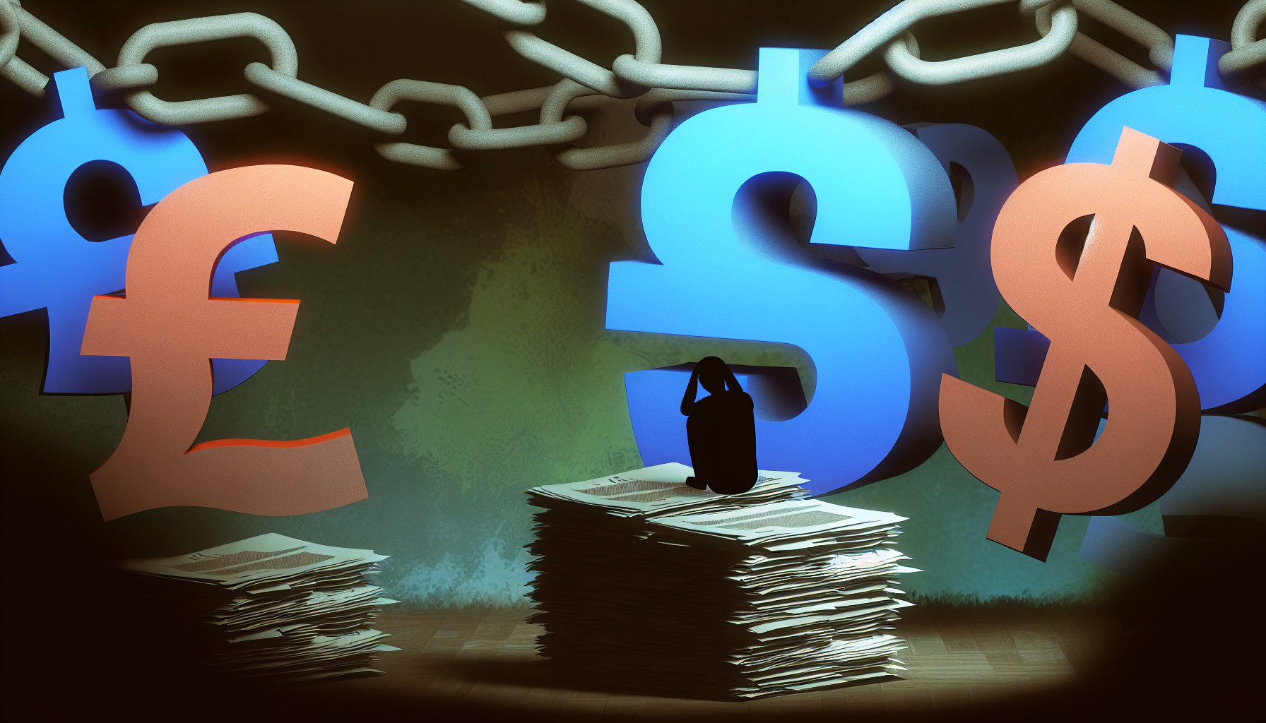 Eine konzeptionelle Illustration, die hohe Schulden darstellt. Eine abstrakte Person sitzt in einem dunklen Raum, umgeben von Papierstapeln und ungeöffneten Rechnungen. Große Ketten, die aus Pfund-, Dollar- und Euro-Symbolen bestehen, schnüren diese Person ein und symbolisieren die schwere Last der Schulden. Die Szene ist in gedämpften, trüben Farben gehalten, die auf Angst und Verzweiflung hindeuten.