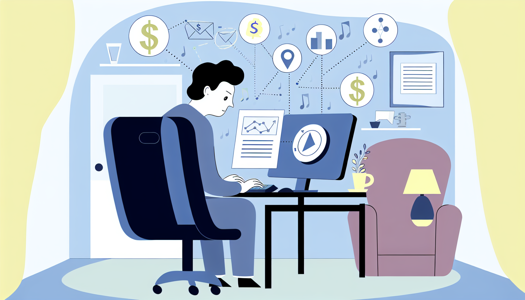Eine Illustration, die eine Person europäischer Abstammung zeigt, die vertieft an ihrem Computer arbeitet. Auf dem Computerbildschirm sind verschiedene Symbole zu sehen, die finanzielle Transaktionen anzeigen, wie Dollarzeichen und Diagramme, die Online-Einnahmen darstellen. Der Raum um sie herum ist mit Elementen ausgestattet, die ein Homeoffice-Setting demonstrieren - ein bequemer Stuhl, eine Kaffeetasse, einige Papiere und eine Tischlampe. Der Gesamteindruck sollte vermitteln, dass die Person über das Internet Geld verdient, was sich in ihrem zufriedenen und konzentrierten Ausdruck widerspiegelt.