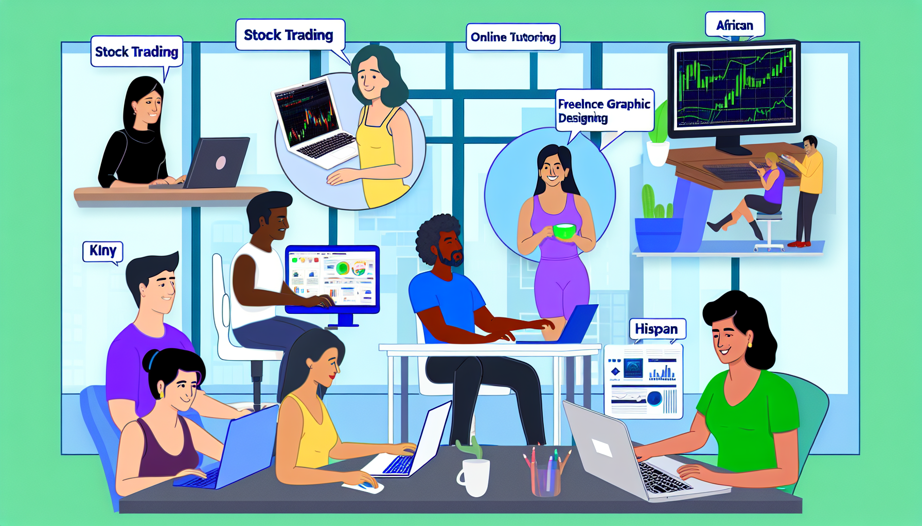 Eine Visualisierung von Möglichkeiten, online Geld zu verdienen. Die Szene zeigt eine vielfältige Gruppe von Menschen, die von zu Hause aus auf verschiedenen digitalen Plattformen arbeiten. Eine kaukasische Frau arbeitet am Aktienhandel. Ein südasianischer Mann, der Online-Nachhilfe gibt, ist auf der anderen Seite zu sehen. Ein afrikanischer Mann ist an seinem Arbeitsplatz mit freiberuflichem Grafikdesign beschäftigt. Eine hispanische Frau führt Online-Fitnesskurse durch. Ein ostasiatischer Mann, ein Digitalmarketer, analysiert den Webverkehr. Eine mittelöstliche Frau tippt an ihrem Laptop, möglicherweise für einen Blog.