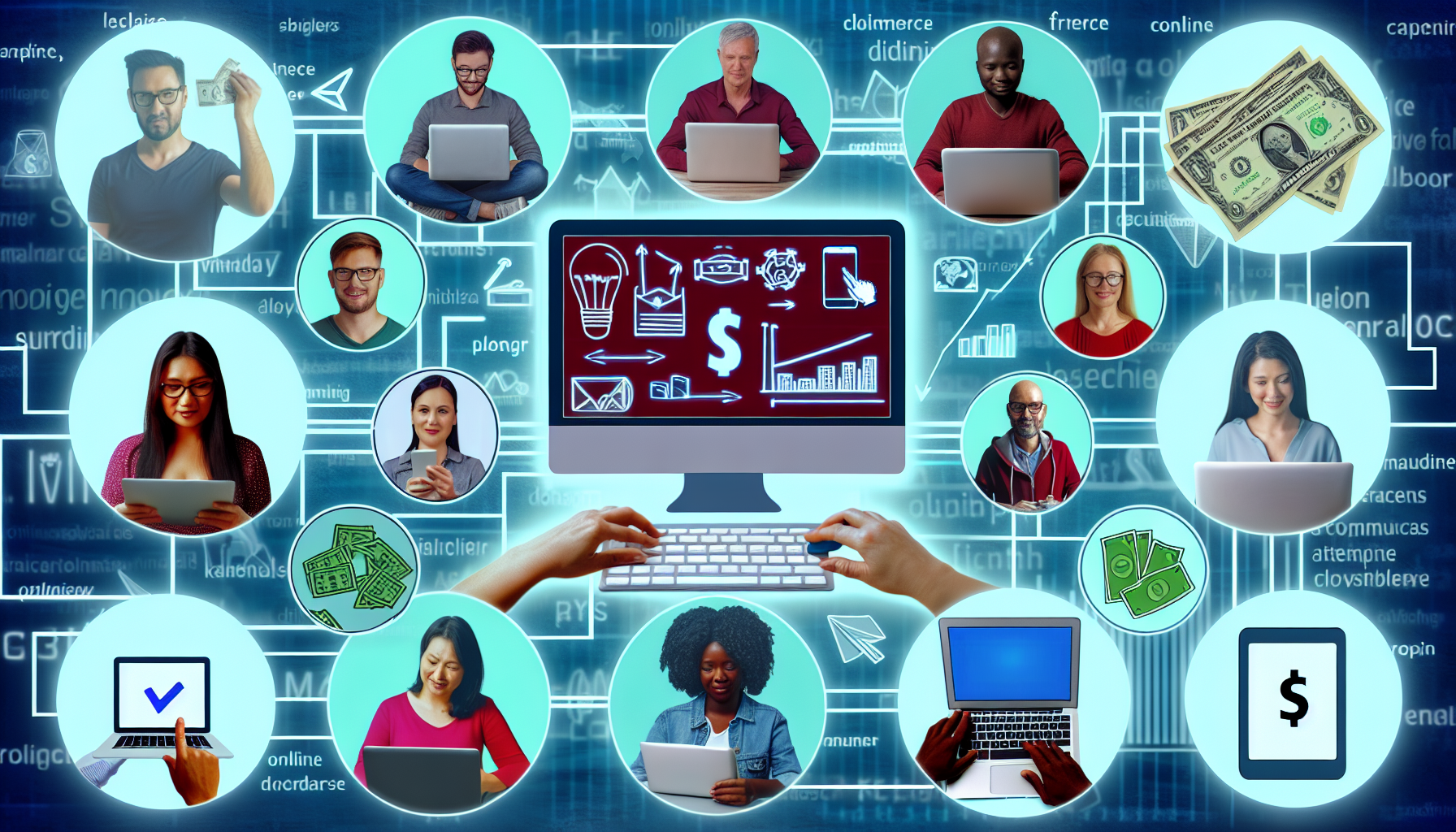 Ein Bild, das das Konzept des Geldverdienens im Internet zeigt. Es könnte einen Computerbildschirm darstellen, der verschiedene Möglichkeiten des Online-Einkommens zeigt, wie z.B. freiberufliche Arbeit, Blogging, E-Commerce, Online-Nachhilfe und Handel. Verschiedene Personen unterschiedlicher Geschlechter und Herkunft könnten gezeigt werden, wie sie an ihren Laptops arbeiten. Fügen Sie Elemente wie Grafiken, Währungssymbole, digitale Geldbörsen und Zahlungssysteme hinzu, um den Geldfluss zu verdeutlichen.