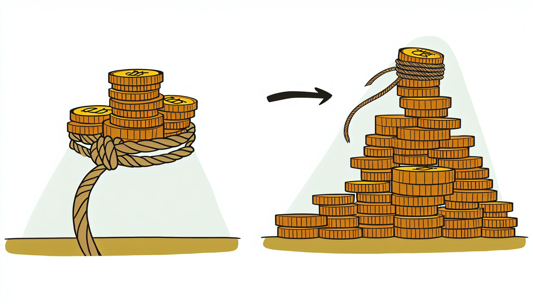 Eine Illustration, die eine metaphorische Darstellung von 'Schuldenabbau' zeigt. Es könnte ein riesiger Berg von Münzen sein, der an Größe abnimmt, oder ein großer Stapel von Rechnungen, der mit einem Seil zusammengebunden ist und sich langsam entwirrt, was auf das erfolgreiche Management und die Reduzierung von Schulden hinweist.