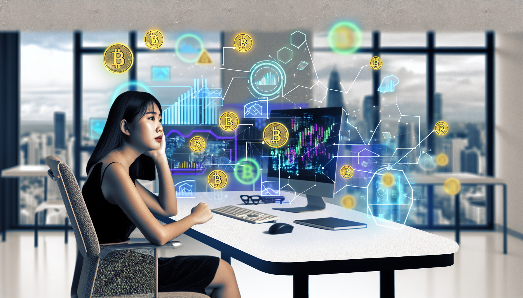 Visualisieren Sie eine Szene, die das Konzept des Geldverdienens im Internet darstellt. Zeigen Sie eine junge asiatische Frau, die an einem modernen Schreibtisch sitzt und sich konzentriert auf ihren Computerbildschirm, auf dem verschiedene Diagramme und Grafiken angezeigt werden, die ihr Online-Geschäft symbolisieren. Um sie herum schweben Symbole, die verschiedene digitale Währungen repräsentieren. Auf einer Seite des Raumes stellen Sie sich ein Fenster vor, das die Stadtlandschaft zeigt und die Modernität und Dynamik ihrer Karriere verdeutlicht. Integrieren Sie Elemente wie die innovative Nutzung von Technologie, digitale Transformation und die globale Reichweite von internetbasierten Jobs.
