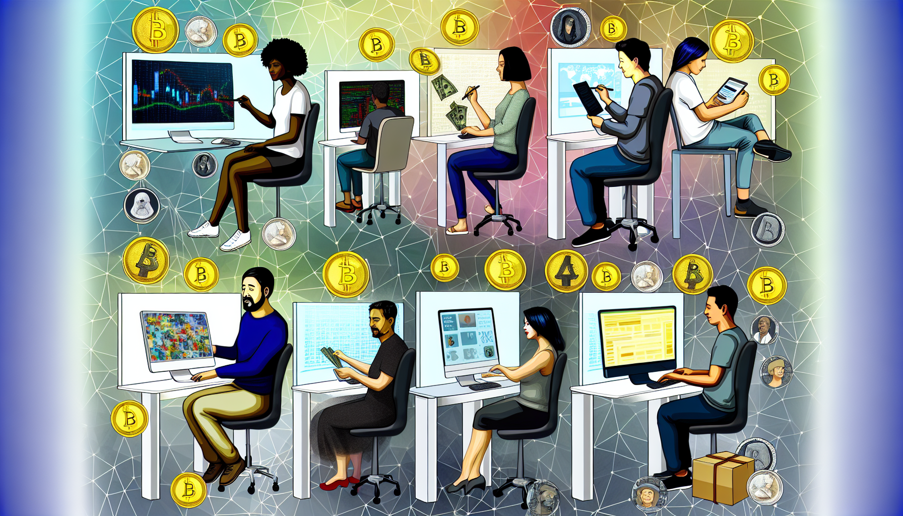 Ein detailliertes Bild, das verschiedene Möglichkeiten zeigt, im Internet Geld zu verdienen. Es zeigt eine vielfältige Gruppe von Personen, die vor ihren Computern sitzen und unterschiedliche Online-Aktivitäten ausüben. In einer Ecke erstellt eine schwarze Frau digitale Kunst, um sie online zu verkaufen. In einer anderen Ecke verwaltet ein asiatischer Mann seinen E-Commerce-Shop. Außerdem gibt es eine mittelöstliche Frau, die einen Blog schreibt, und einen kaukasischen Mann, der mit Kryptowährungen handelt. Auf den Bildschirmen der einzelnen Personen sollte deutlich zu sehen sein, welche Art von Arbeit sie verrichten. Im Hintergrund schweben subtil ein Spektrum digitaler Währungen und Symbole für Online-Marktplätze.