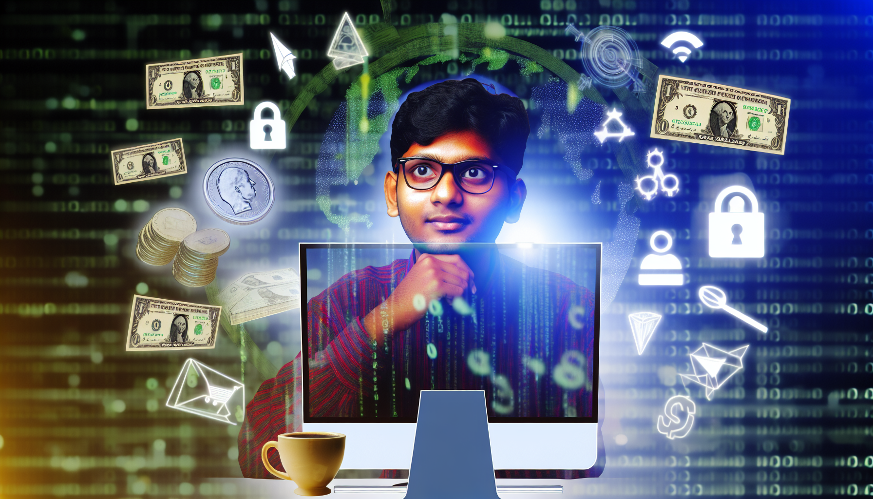 Ein detailliertes Bild, das das Geldverdienen im Internet darstellt. Ein junger südasianischer Mann sitzt vor einem Computer, sein Gesicht ist im Licht des Bildschirms getaucht. Auf dem Bildschirm ist eine Montage verschiedener Online-Möglichkeiten zum Geldverdienen zu sehen: eine Website, virtuelle Produkte, ein Blog und verschiedene E-Commerce-Symbole. In der Nähe steht eine Tasse Kaffee, die an die späten Nächte erinnert, die mit Arbeit verbracht wurden. Der Hintergrund wird von Internetsymbolen und Bildern von Geld, Münzen und Banknoten eingenommen, die wie im virtuellen Äther schweben.