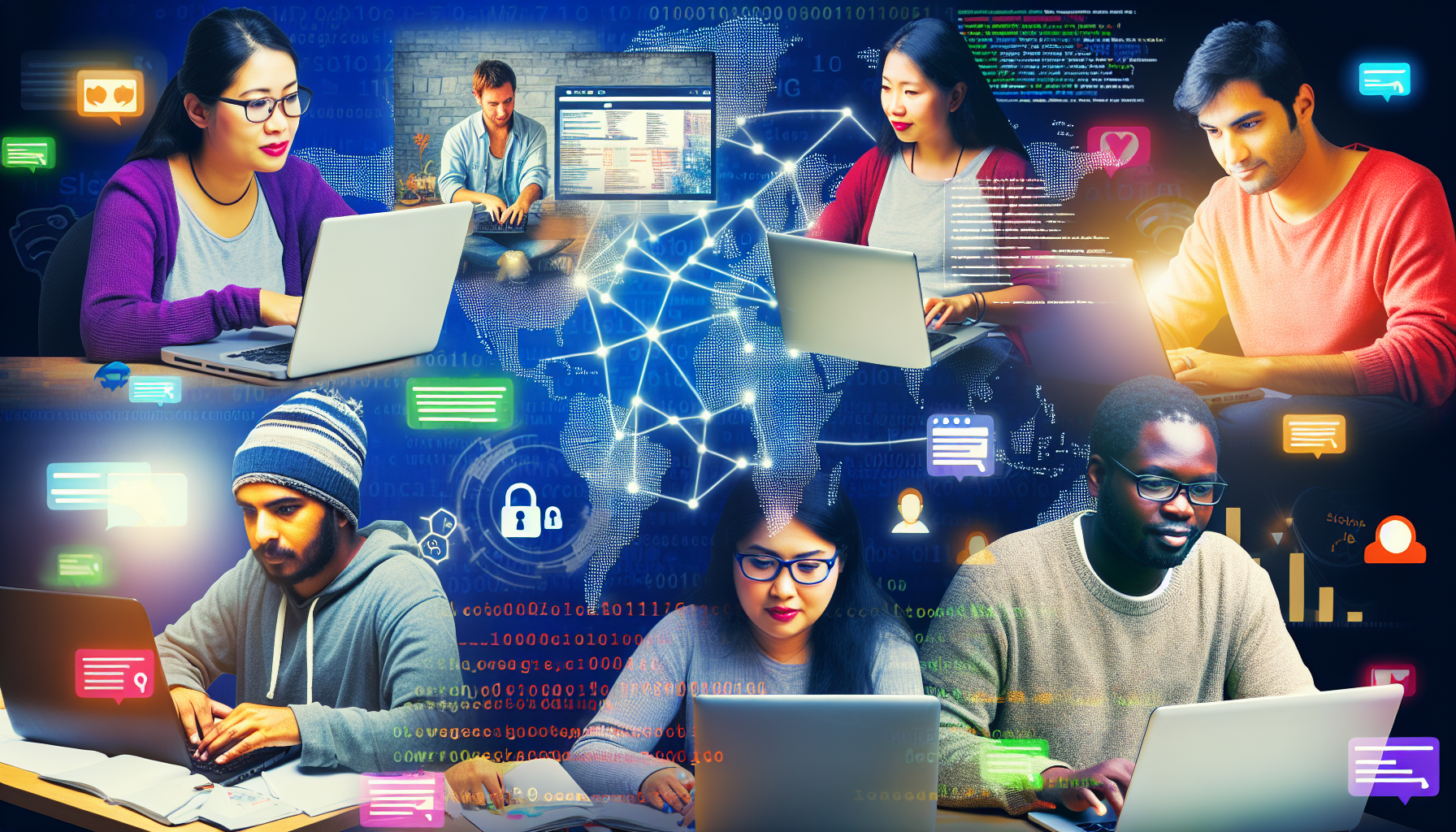 Eine illustrative Darstellung des Geldverdienens online. Stellen Sie sich eine vielfältige Gruppe von Personen vor, die an ihren Computern beschäftigt sind und verschiedene Möglichkeiten des digitalen Einkommens zeigen. Dazu gehört ein asiatischer Mann, der eine Website programmiert, eine mittelöstliche Frau, die einen Blog schreibt, eine südasiatische Person, die mit ihrem Laptop im Aktienhandel tätig ist, und ein schwarzer Mann, der digitale Kunst erstellt. Fügen Sie eine Überlagerung von Webbrowsern, sozialen Medien-Icons und eine Darstellung globaler Vernetzung hinzu, um die Online-Natur dieser Aktivitäten zu betonen.