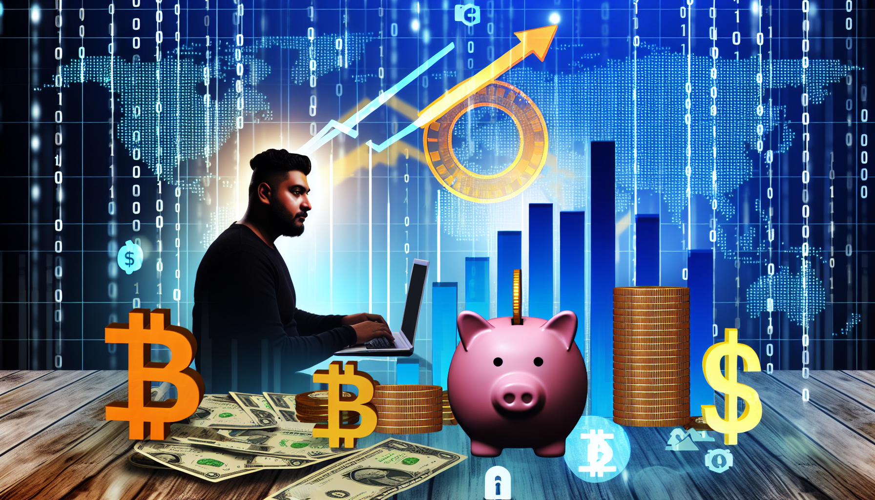 Ein Bild, das das Konzept des Geldverdienens im Internet darstellt. Es sollte eine Person hispanischer Abstammung zeigen, die vor einem Computerbildschirm sitzt, der Grafiken anzeigt, die Wachstum und finanziellen Erfolg anzeigen. Der Bildschirm ist von digitalen Elementen wie Binärcodes umgeben. Symbole des World Wide Web und einige elektronische Geldsymbole wie Bitcoin sind verstreut. Zusätzlich gibt es ein Sparschwein, das überquillt mit Münzen, auf dem Tisch und einen Geldbaum im Hintergrund, um finanziellen Wohlstand zu symbolisieren.