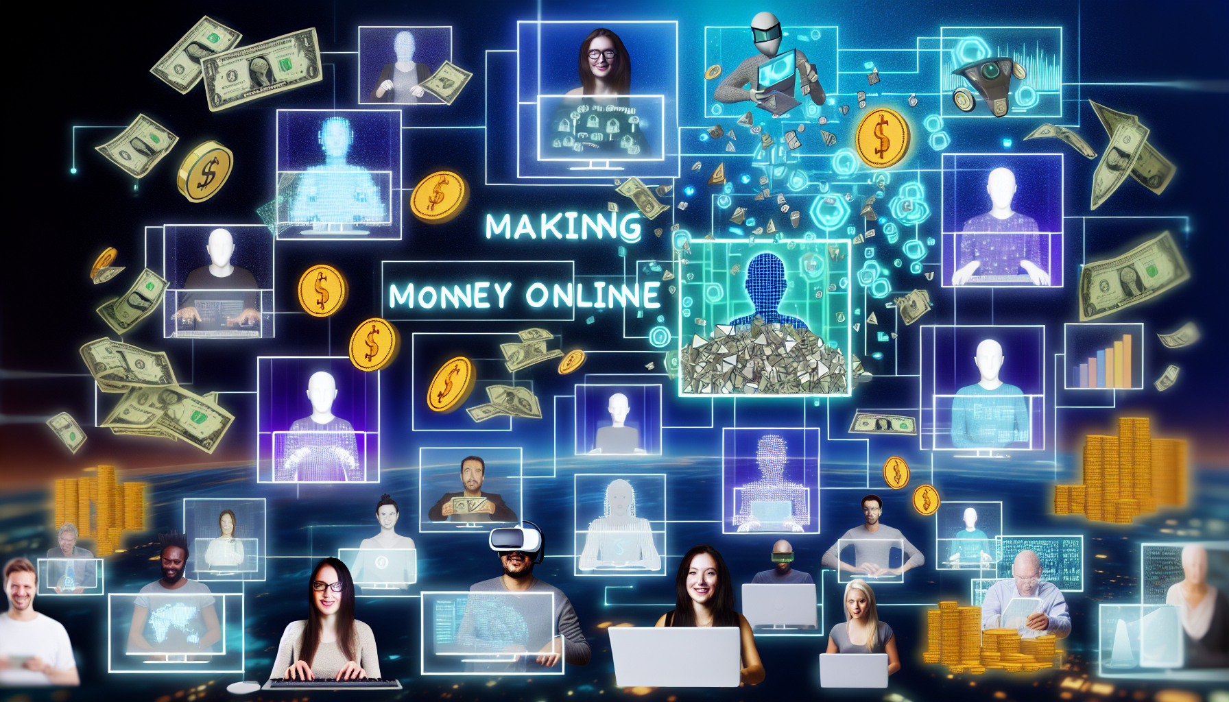 Darstellung eines futuristischen und digitalen visuellen Konzepts, das das Geldverdienen online veranschaulicht. Visualisieren Sie eine vielfältige Gruppe von Individuen unterschiedlicher Abstammung, wie Hispanics, Menschen aus dem Nahen Osten, Asiaten und Kaukasier, die mit innovativen digitalen Geräten wie holografischen Bildschirmen, Virtual-Reality-Headsets und hochmodernen Tastaturen interagieren. Sie führen verschiedene Online-Aktivitäten durch, wie E-Commerce, digitales Marketing, Freelancing und den Handel mit Kryptowährungen, die es ihnen ermöglichen, Einkommen zu generieren. Fügen Sie visuelle Metaphern wie digitalen Geldfluss, pixelierte Goldmünzen und Binärcode hinzu, um das Konzept zu betonen. Verwenden Sie eine Farbpalette aus kühlen Blautönen und warmen Goldtönen, um die digitale Welt und das Geld darzustellen.