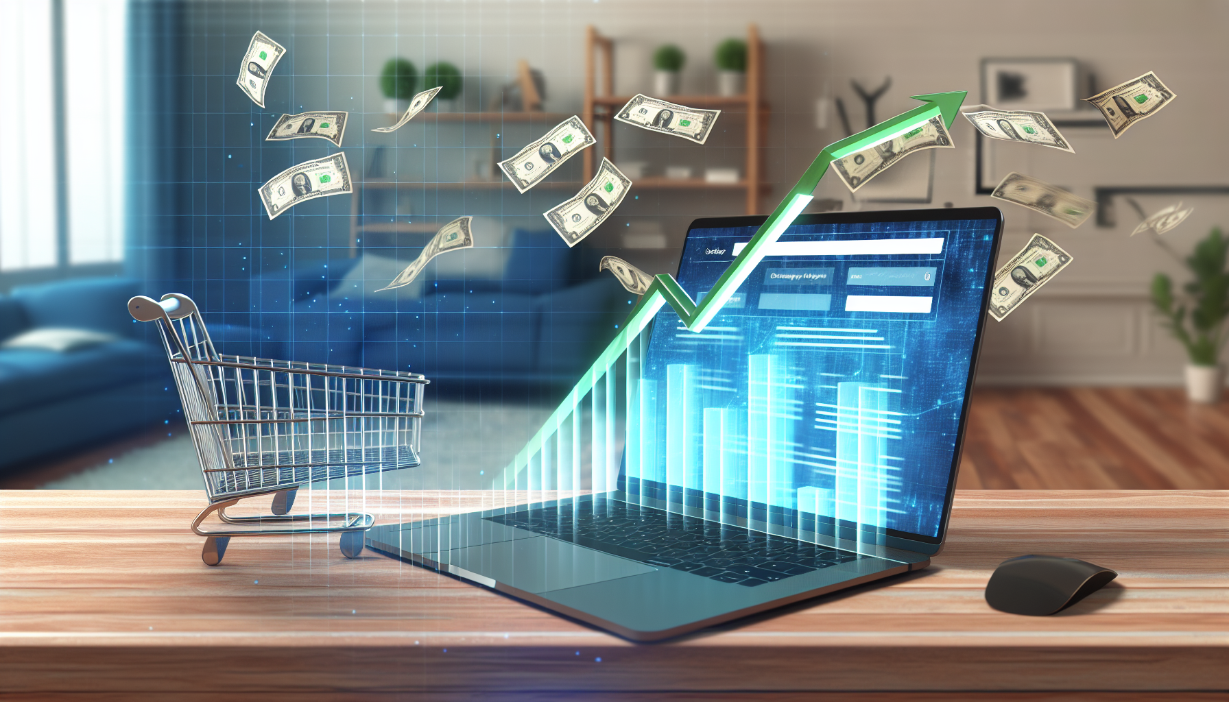Eine Visualisierung des Konzepts, online Geld zu verdienen, dargestellt durch einen Laptop, der auf einem Holztisch geöffnet ist, mit einem digitalen Bildschirm, der ein Balkendiagramm zeigt, das die Gewinne im Laufe der Zeit ansteigt. In der Nähe befindet sich eine Webseite mit einem Einkaufswagensymbol und einer Reihe von Dollar-Scheinen, die von oben auf den Bildschirm regnen, um das generierte Einkommen zu symbolisieren. Im Hintergrund sieht man eine komfortable Home-Office-Umgebung, die auf die Freiheit und Bequemlichkeit hinweist, die mit Online-Einnahmequellen einhergeht.