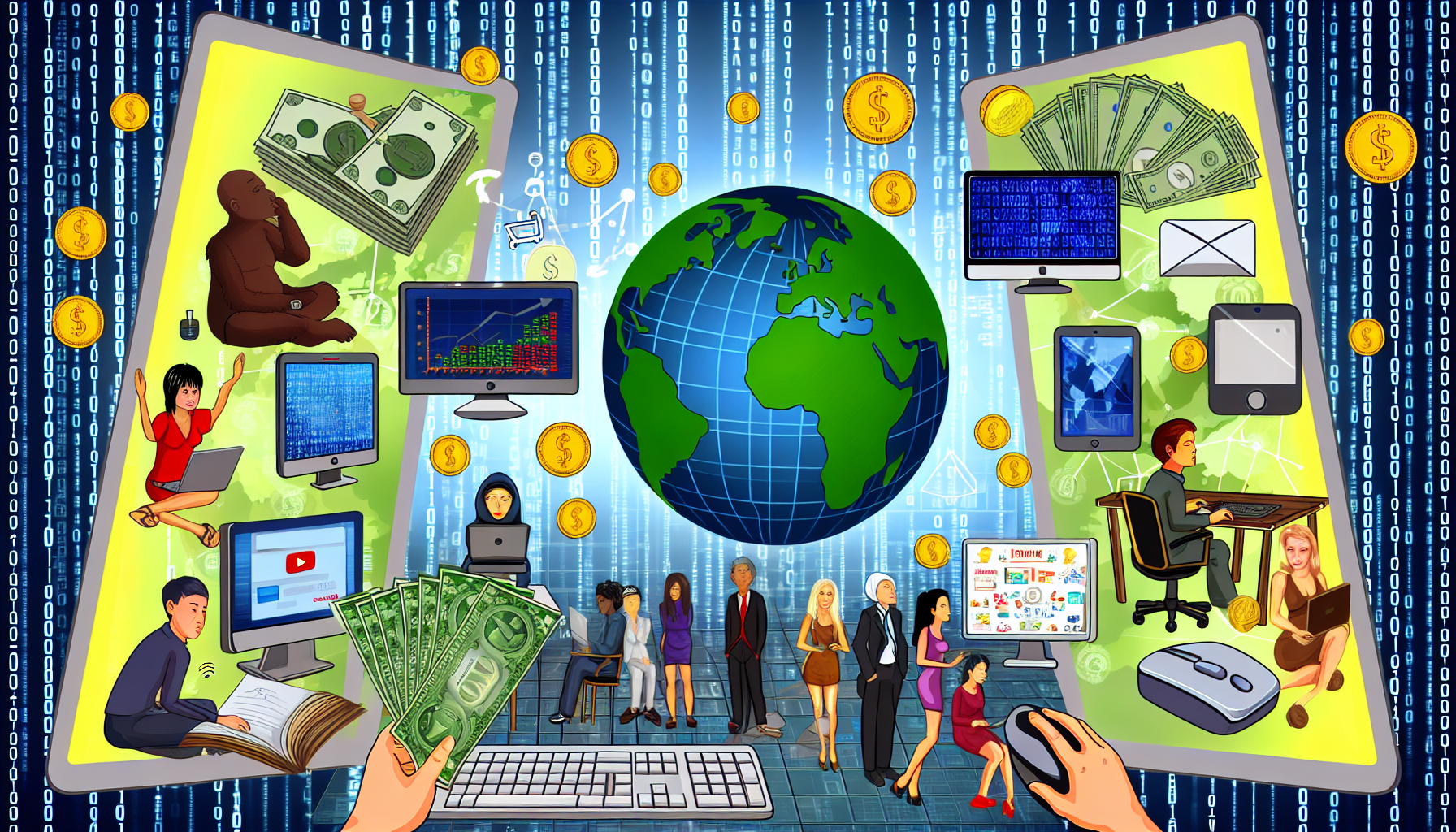 Illustrieren Sie das Konzept des Geldverdienens online. Das Bild sollte eine Vielfalt von Techniken zum Geldverdienen im Internet umfassen, wie E-Commerce, digitales Marketing, Blogging, Content-Erstellung auf sozialen Medien, Online-Handel und freiberufliche Arbeit. Stellen Sie eine virtuelle Umgebung dar, die freundlich mit einer Weltkarte, Tastaturen, Computermäusen, Bildschirmen, die Diagramme, Blogs und Einkaufswebsites anzeigen, gefüllt ist. Fügen Sie mehrere Münzen und Scheine hinzu, die mit binären Codes flackern, um die digitale Währung zu kennzeichnen, und zeigen Sie einige Menschen unterschiedlicher Herkunft, wie Asiaten, Hispanics, Araber und Kaukasier, sowohl Männer als auch Frauen, die in ihre Aufgaben vertieft sind.
