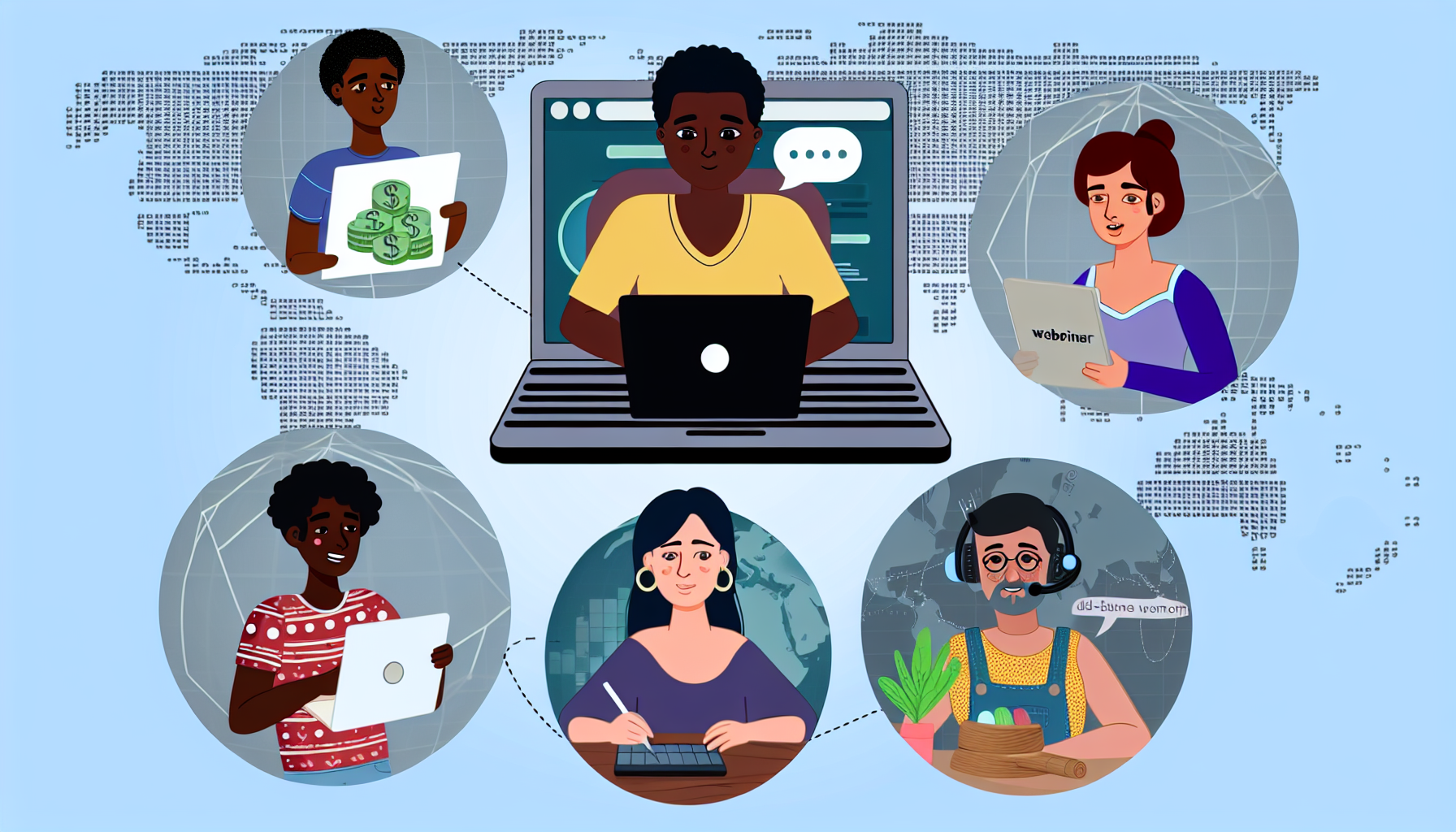 Eine Illustration, die verschiedene Methoden zeigt, um online Geld zu verdienen. Ein afrikanischer männlicher Charakter sitzt an einem Laptop und recherchiert Möglichkeiten zur Generierung von passivem Einkommen. Eine kaukasische weibliche Figur führt ein Webinar durch. Eine Person aus dem Nahen Osten gestaltet eine Website, und ein südasiatischer Mann verkauft handgefertigte Waren über eine E-Commerce-Plattform. All dies wird vor dem Hintergrund einer digitalen Weltkarte dargestellt, die die globale Reichweite des Internets symbolisiert.
