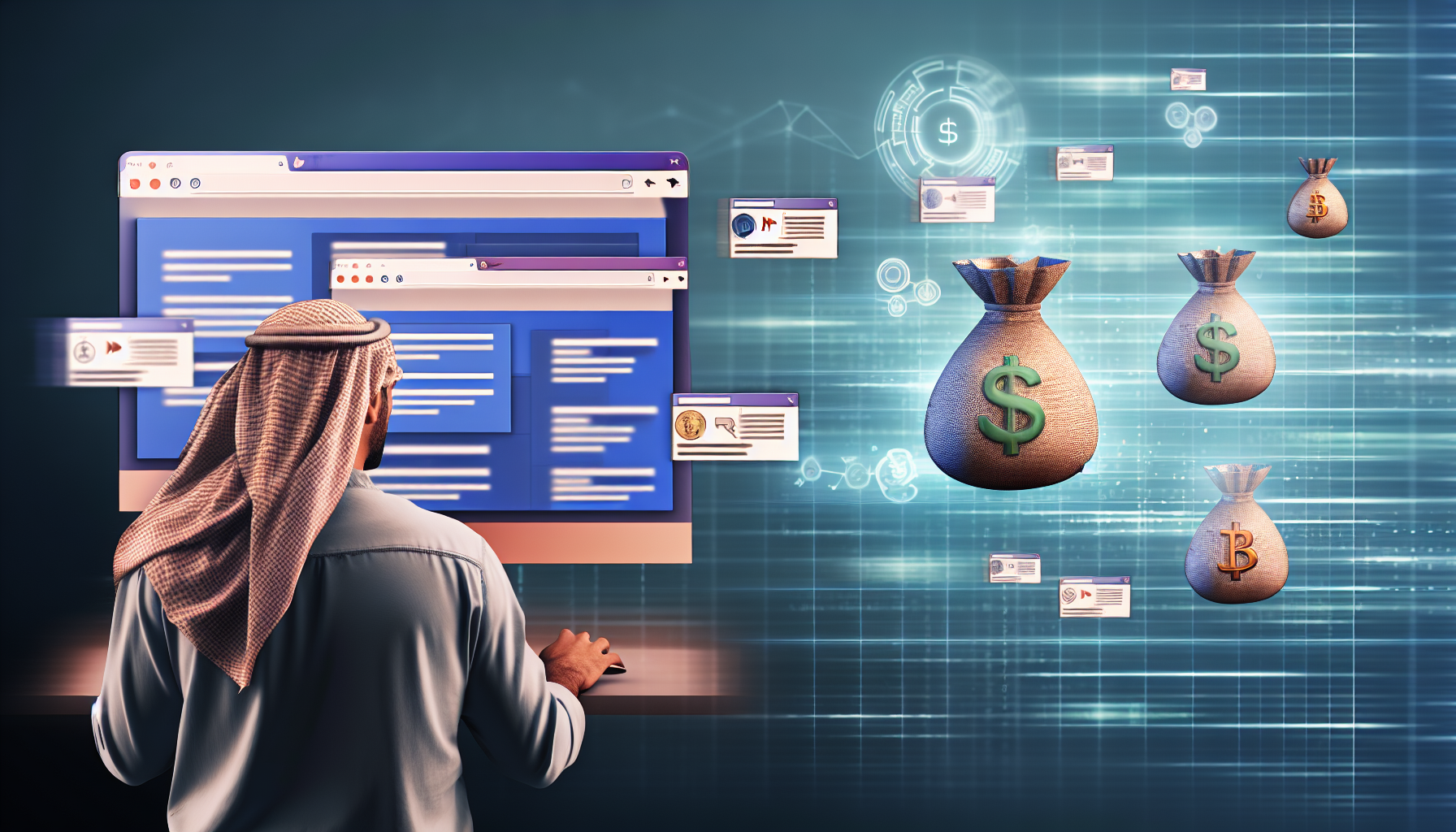 Eine illustrative Darstellung des Konzepts, online Geld zu verdienen, durch verschiedene Methoden. Das Bild zeigt einen Computerbildschirm mit mehreren geöffneten Tabs, die unterschiedliche Einkommensströme wie Content-Erstellung, Aktienhandel, E-Commerce und Online-Nachhilfe signalisieren. Neben dem Computer ist eine Person mit mittlerer östlicher Abstammung zu sehen, deren Geschlecht nicht spezifiziert ist, die sorgfältig Online-Daten überprüft, was für eine sorgfältige Planung und Strategieentwicklung für Online-Geschäftsprojekte steht. Im Hintergrund schweben Symbole und Icons, die potenziellen Online-Gewinn darstellen, wie Dollarzeichen, Bitcoins und Grafiken, die sich in eine digital gestaltete Landschaft einfügen.