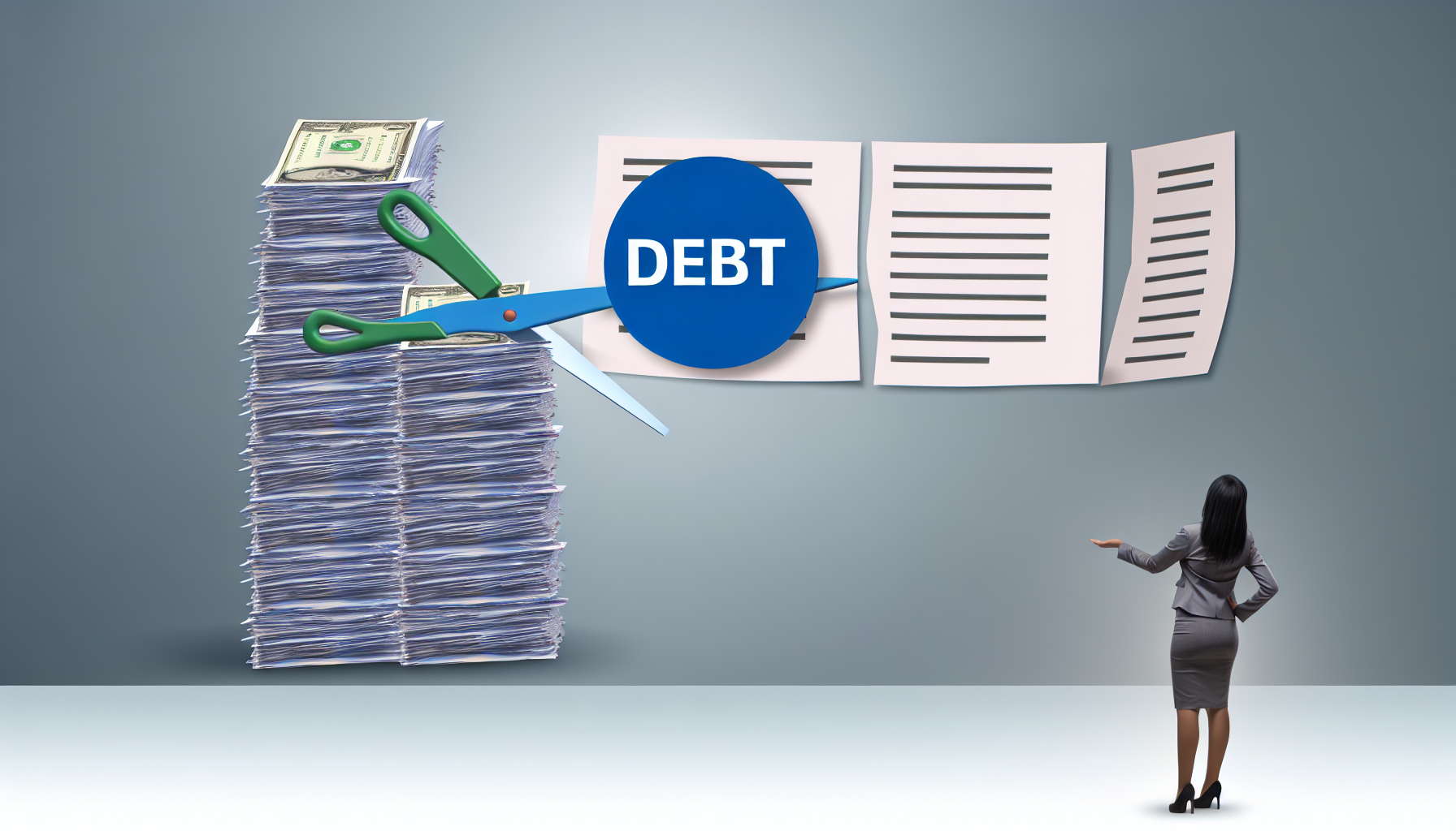 Visualisieren Sie ein Konzept: Schuldenabbau. Ein Bild zeigt einen riesigen Stapel von Papierrechnungen oder finanziellen Dokumenten, der langsam verringert wird. Diese allmähliche Abnahme wird durch eine sichere und effiziente Schere symbolisiert, die durch die Schulden schneidet. In der Nähe steht eine zufriedene Person, die von Erleichterung geprägt ist und den gesamten Prozess aufmerksam überwacht.