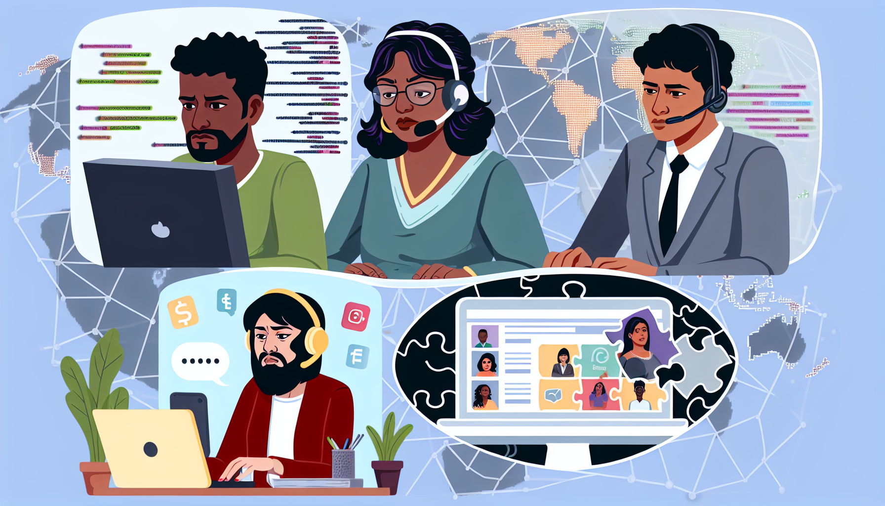 Illustration von mehreren Möglichkeiten, im Internet Geld zu verdienen. Zeigen Sie einen südasianischen Mann, der an einem Computer sitzt und sich intensiv auf seinen Bildschirm mit Codezeilen konzentriert, was auf Freiberuflichkeit und Programmierung hinweist. Stellen Sie eine mittelöstliche Frau dar, die mit ihrer Maus klickt, während neben ihr ein Online-Einkaufswagen und Produkte erscheinen, was auf E-Commerce hindeutet. Fügen Sie einen weißen Mann hinzu, der ein Puzzle mit sozialen Medien-Icons zusammensetzt, was das Management von sozialen Medien symbolisiert. Schließlich zeichnen Sie eine schwarze Frau mit Kopfhörern, die in ein Mikrofon spricht, was einen Online-Lehrjob repräsentiert. Der Hintergrund sollte eine globale Netzwerk-Karte zeigen.