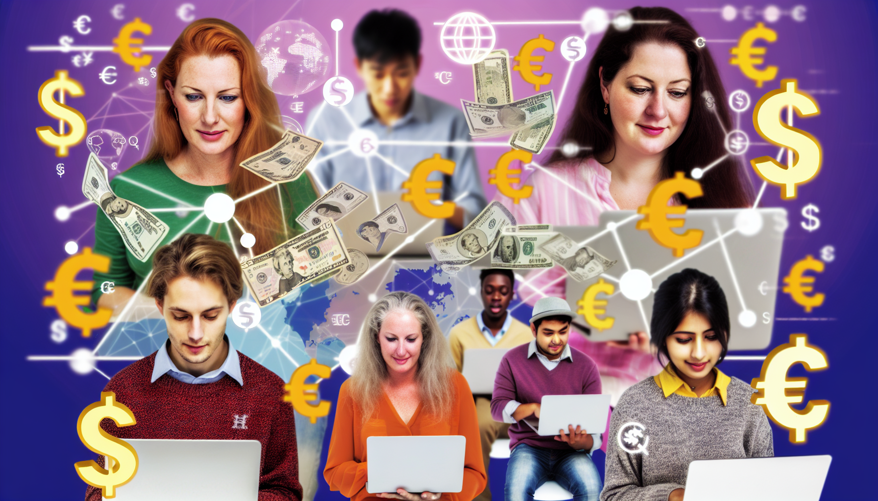 Eine Darstellung des Konzepts, Geld im Internet zu verdienen. Stellen Sie sich eine vielfältige Gruppe von Personen vor, Menschen unterschiedlichen Geschlechts und unterschiedlicher Herkunft, wie eine hispanische Frau, einen kaukasischen Mann und eine südasiatische Person, die ihre Laptops nutzen. Sie sind aktiv in verschiedenen Online-Aktivitäten engagiert, wie Content-Erstellung, E-Commerce, Online-Nachhilfe und Programmierung. Im Hintergrund schweben Symbole von Währungen aus der ganzen Welt, wie Dollar, Euro und Yen, die die globale Natur der Internetwirtschaft symbolisieren.