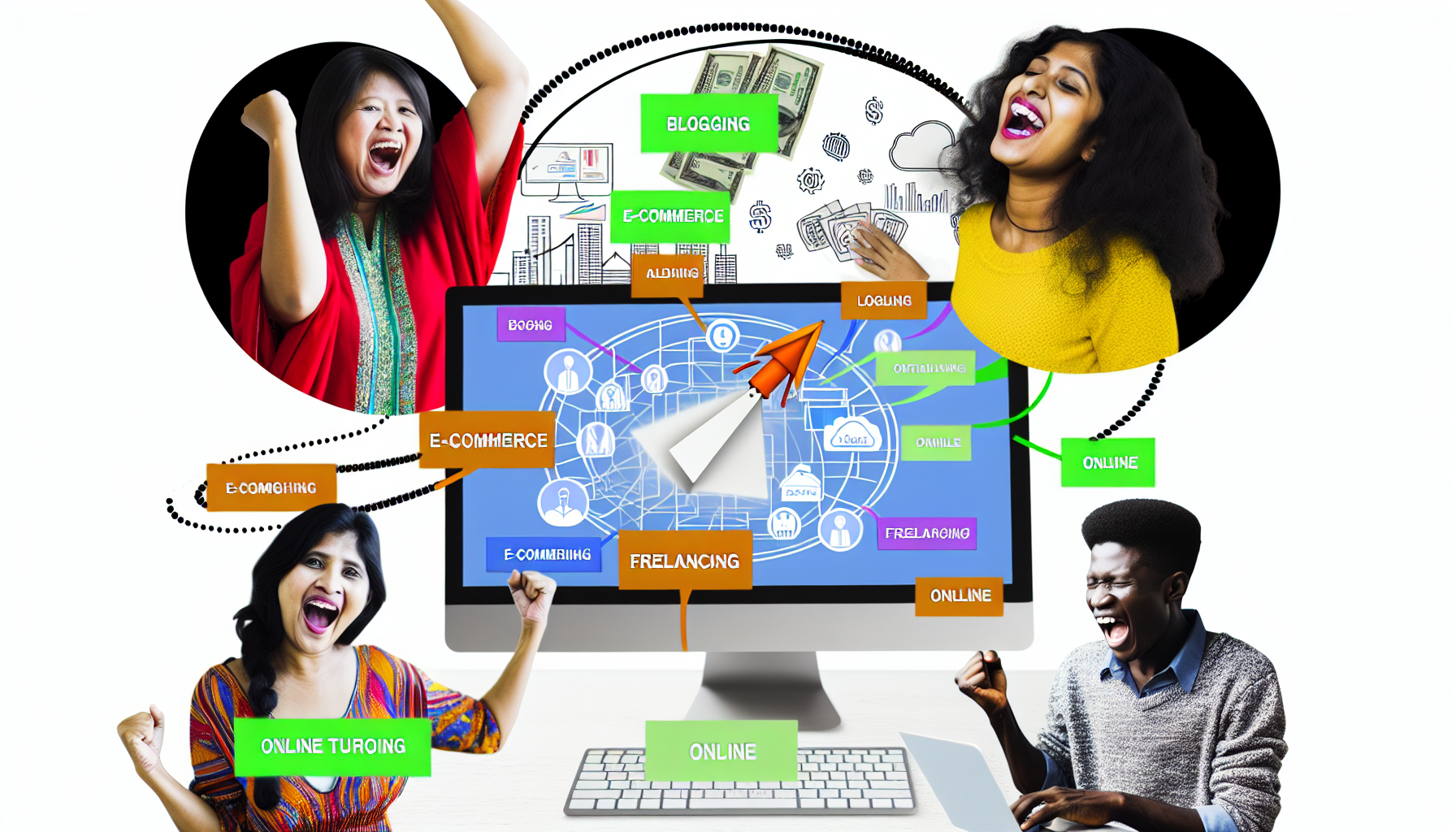 Eine visuelle Darstellung des Geldverdienens im Internet. Stellen Sie sich einen Computer in der Mitte des Bildes vor, aus dessen Bildschirm bunte Grafiken und Diagramme hervorgehen, die verschiedene Online-Einnahmequellen symbolisieren, wie Blogging, E-Commerce, digitales Marketing, Freelancing und Online-Nachhilfe. Neben dem Computer feiert eine südasiatische Frau fröhlich eine erfolgreiche Online-Transaktion, während ein afrikanischer Mann aktiv auf einer Tastatur tippt, vermutlich um ein Online-Geschäft zu verwalten.