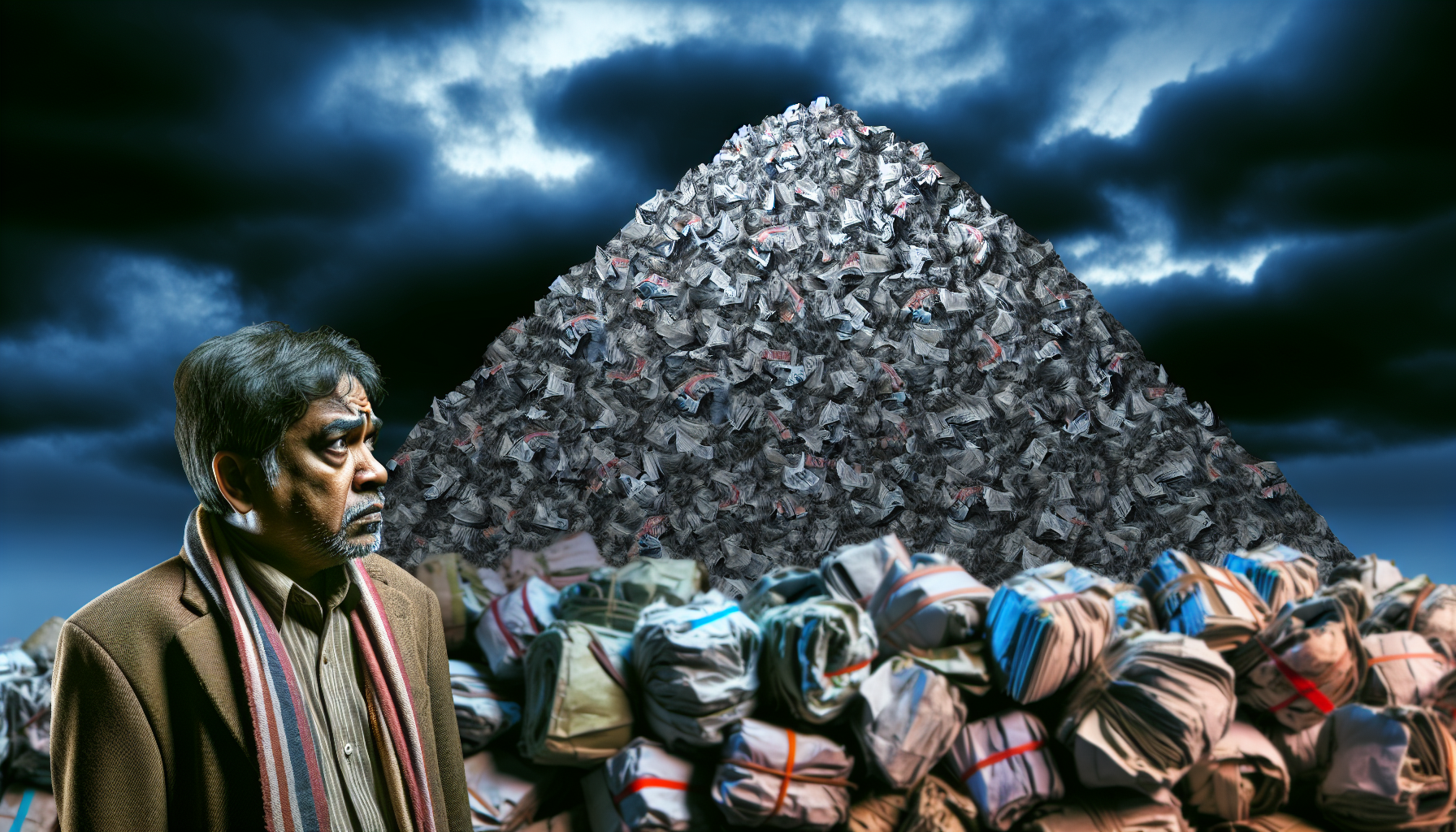 Visuelle Darstellung hoher Schulden. Stellen Sie sich dies als einen großen, bedrohlichen Berg aus zerknüllten und zerrissenen Geldscheinen vor, der unbezahlte Rechnungen oder Kredite symbolisiert. Der Himmel über diesem Berg ist stürmisch und dunkel, was auf schwierige Zeiten hinweist. Im Vordergrund steht ein mittelalter Mann südasiatischer Herkunft in abgetragenen Kleidern, der mit einem Ausdruck von Sorge und Bestürzung auf den Berg blickt. Die Szene ist dunkel, düster und etwas dramatisch, was das Gewicht der durch die Schulden verursachten Probleme betont.