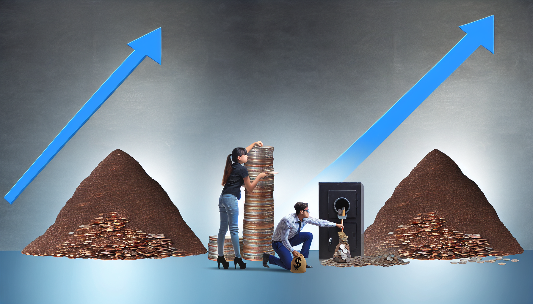 Das Bild zeigt das Konzept der Schuldenreduzierung. In der Szene ist ein kolossaler Berg aus Münzen zu sehen, der allmählich kleiner wird und den Fortschritt beim Abbau einer erheblichen finanziellen Belastung darstellt. Auf der einen Seite arbeitet ein Mann asiatischer Abstammung eifrig und schaufelt die Münzen in einen Tresor. Auf der anderen Seite füttert eine Frau hispanischer Abstammung eine münzbetriebene Maschine, die Ausgaben symbolisiert. Beide sind in lässiger Arbeitskleidung gekleidet. Die Atmosphäre vermittelt Entschlossenheit und Erleichterung in ihren Gesichtern.