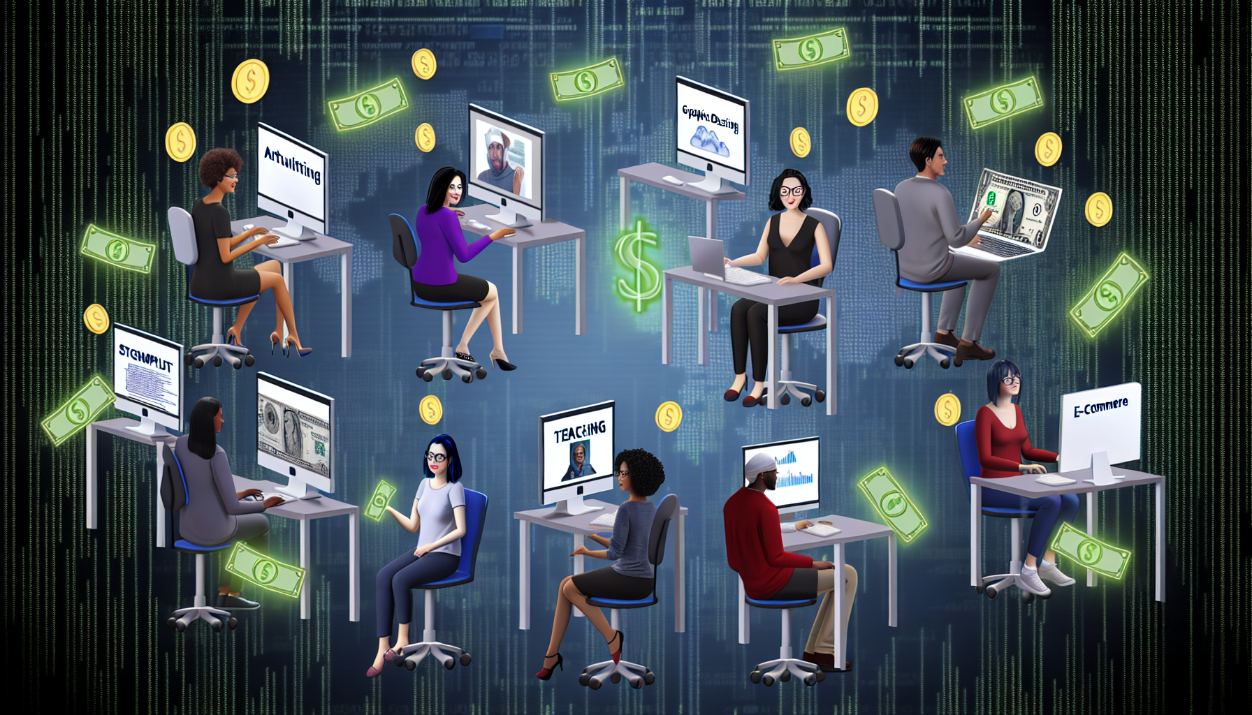 Ein Bild, das das Konzept des Geldverdienens online darstellt. Die Szene zeigt eine vielfältige Gruppe von Menschen mit Computern, die auf unterschiedliche Weise Geld verdienen, wie zum Beispiel durch das Schreiben von Artikeln, Grafikdesign, den Handel mit Aktien, Unterrichten, Programmieren und E-Commerce. Die Personen könnten unterschiedlicher Herkunft sein, wie eine kaukasische weibliche Grafikdesignerin, ein männlicher Programmierer aus dem Nahen Osten, eine südasiatische Lehrerin, ein hispanischer männlicher Aktienhändler, eine schwarze weibliche Artikelautorin und ein weißer männlicher Betreiber einer E-Commerce-Website. Der Hintergrund könnte digital sein, um das Internet darzustellen, während Münzen und Scheine von den Computern fließen, um die Einnahmen zu zeigen.