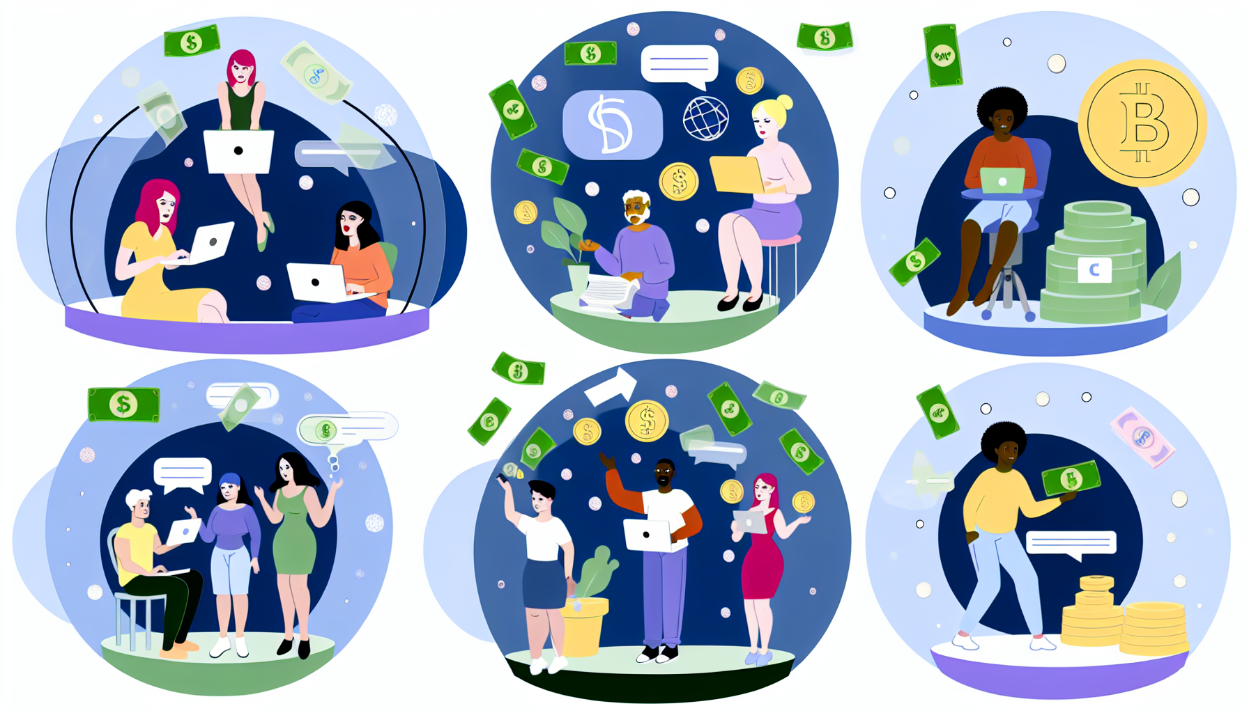 Eine Illustration, die verschiedene Möglichkeiten zeigt, im Internet Geld zu verdienen. Eine vielfältige Gruppe von Menschen ist dabei, unterschiedliche Online-Geldverdienaktivitäten auszuüben. Eine Person (kaukasische Frau) ist beim Bloggen zu sehen, eine andere Person (mittlerer Osten männlich) verkauft Produkte online, eine dritte Person (schwarze Frau) investiert in Kryptowährungen, und eine vierte Person (südasiatischer Mann) gestaltet Websites. Die internetbezogenen Aktivitäten finden in verschiedenen maßgeschneiderten Blasen statt und sind von fallendem Geld umgeben, was die Einnahmen symbolisiert.