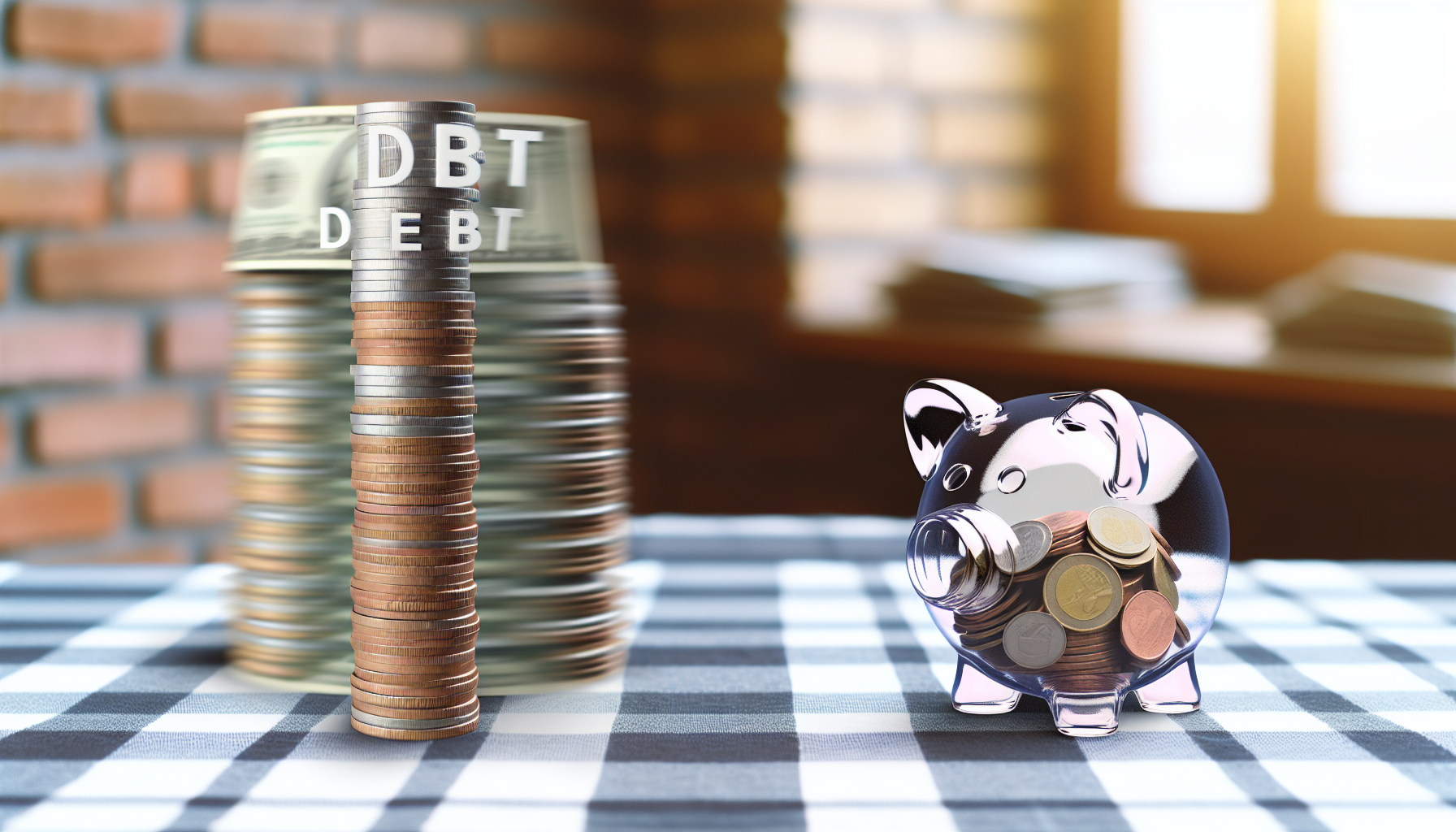 Eine Visualisierung der Schuldenabbau. Stellen Sie sich Stapel von Münzen und Banknoten vor, die langsam verschwinden oder in ein kleines, durchsichtiges Sparschwein aus Glas übertragen werden. Der Hintergrund könnte ein einfacher Holztisch mit einem karierten Tischdecken sein. Es sollte ein Gefühl des allmählichen Fortschritts vermittelt werden, als ob das Bild den Prozess des langsamen, aber sicheren Abbaus der Schuldenlast festhält.