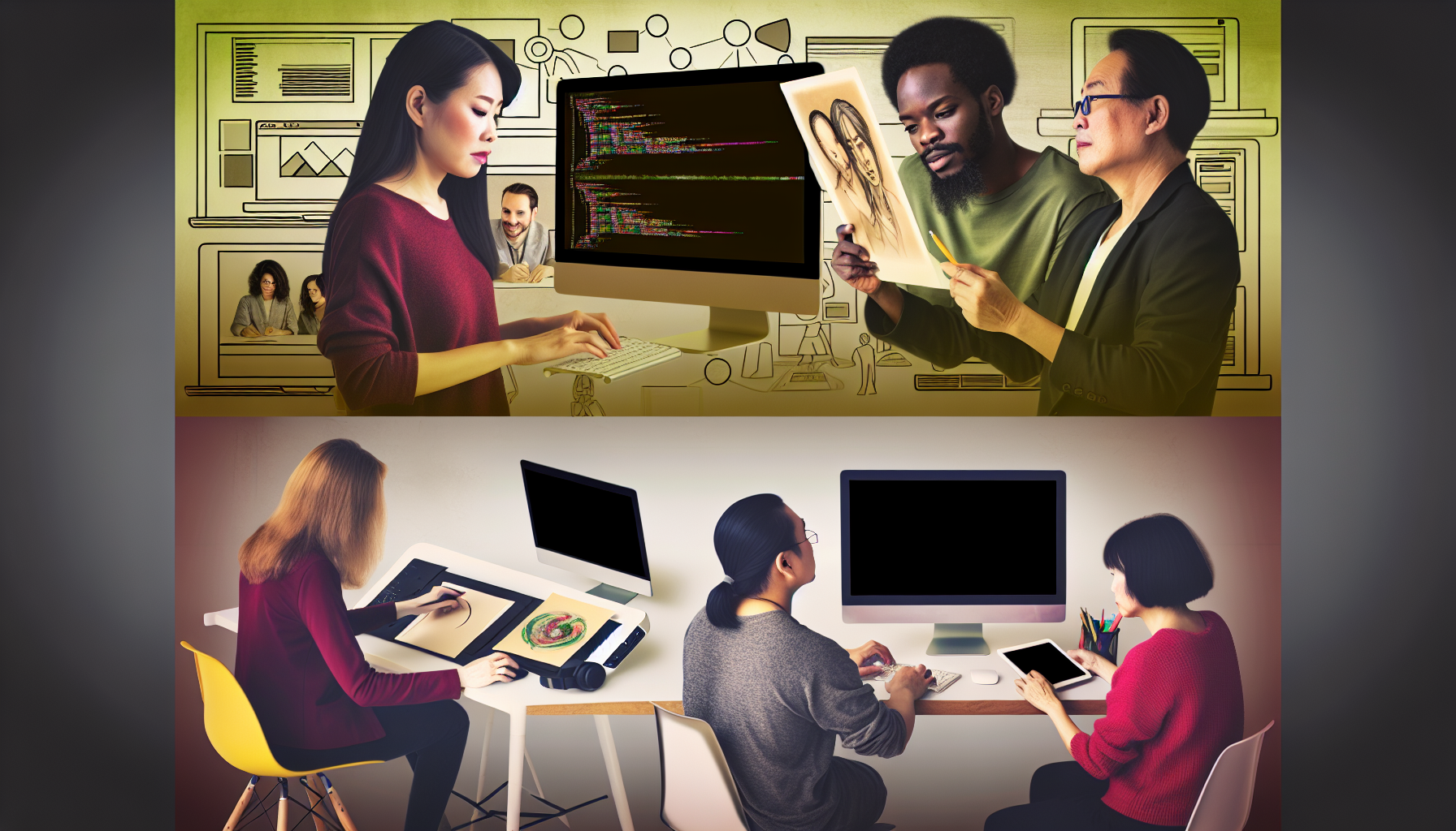 Ein Bild, das das Konzept des Geldverdienens über das Internet darstellt. Zeigen Sie eine vielfältige Gruppe von Menschen, die jeweils an ihren eigenen Arbeitsplätzen mit verschiedenen Computertypen arbeiten. Einschließlich einer asiatischen Programmiererin, die eine Website codiert, einem schwarzen digitalen Künstler, der ein Kunstwerk auf seinem Zeichentablett erstellt, und einer kaukasischen Frau, die einen Online-Shop auf ihrem Laptop verwaltet. Lassen Sie diese visuellen Darstellungen metaphorisch die Verdienstmöglichkeiten im digitalen Zeitalter repräsentieren.