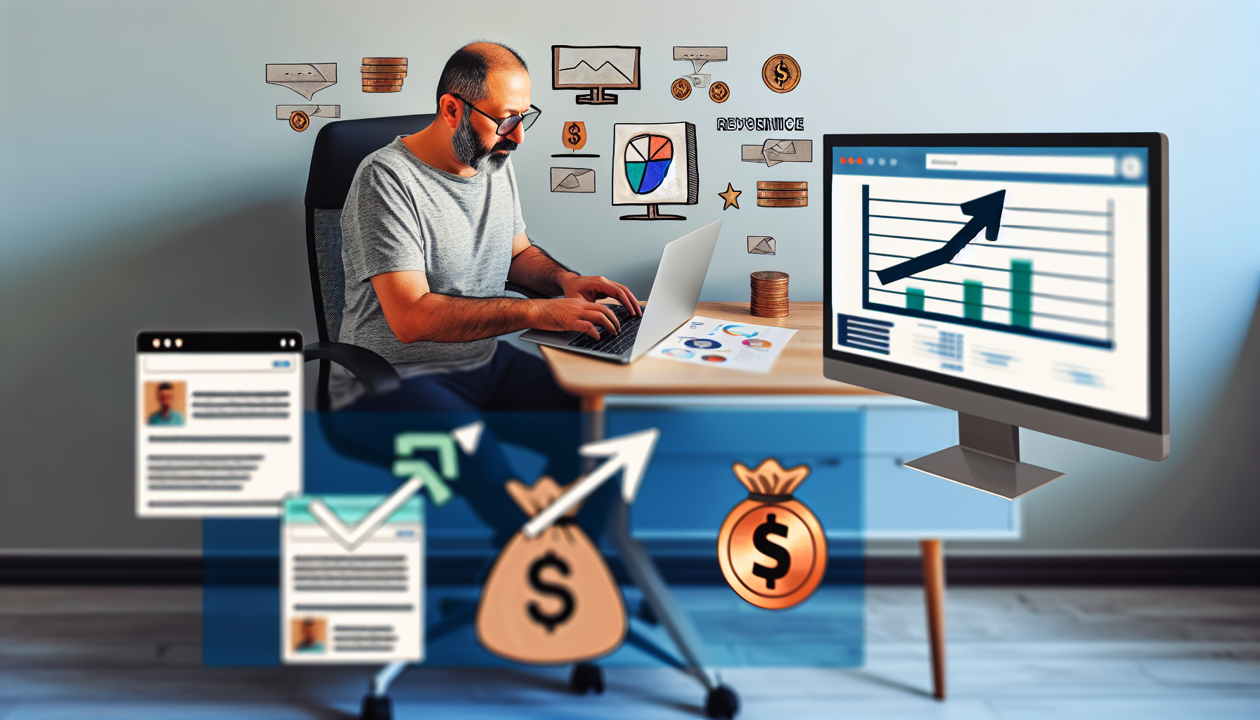 Ein Bild, das zeigt, wie online Geld verdient wird. Zeigen Sie einen mittelalten Mann aus dem Nahen Osten, der hinter einem Laptop sitzt und fleißig tippt. Stellen Sie in seiner Umgebung Symbole für effizientes Arbeiten und Geldverdienen über das Internet dar: eine Website, die einen Anstieg der Einnahmen zeigt, mehrere geöffnete Tabs im Browser mit arbeitsbezogenen Inhalten auf dem Bildschirm, digitale Währungen und Icons für E-Wallets. Der Raum ist eine typische Home-Office-Einrichtung mit Schreibtisch und ergonomischem Stuhl. An der Seite malen Sie ein E-Mail-Icon mit einem Pluszeichen, das auf eingehende Zahlungen oder Provisionen hinweist.