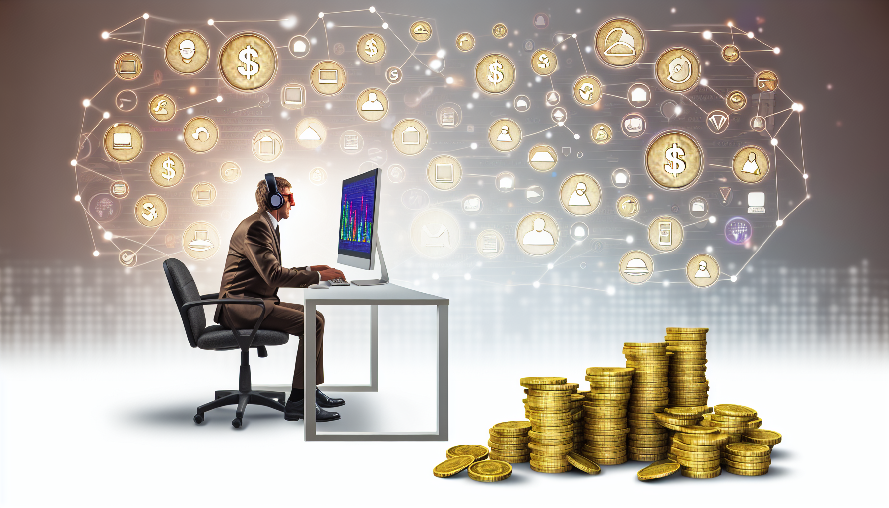 Eine grafische visuelle Darstellung des Geldverdienens online. Das Bild zeigt ein geschäftiges Setup mit zahlreichen Elementen, die das Online-Geldverdienen symbolisieren – eine Person, ein kaukasischer Mann, der auf einem Stuhl vor einem Desktop-Computer sitzt und intensiv auf der Tastatur tippt. Auf dem Computerbildschirm sind verschiedene Grafiken und Diagramme zu sehen, die finanzielles Wachstum anzeigen. Neben dem Computer symbolisieren Stapel von Goldmünzen Wohlstand. Im Hintergrund schweben subtil Symbole verschiedener digitaler Dienste wie Social-Media-Icons, E-Commerce-Logos und so weiter. Internetkabel umschlingen die gesamte Szene.