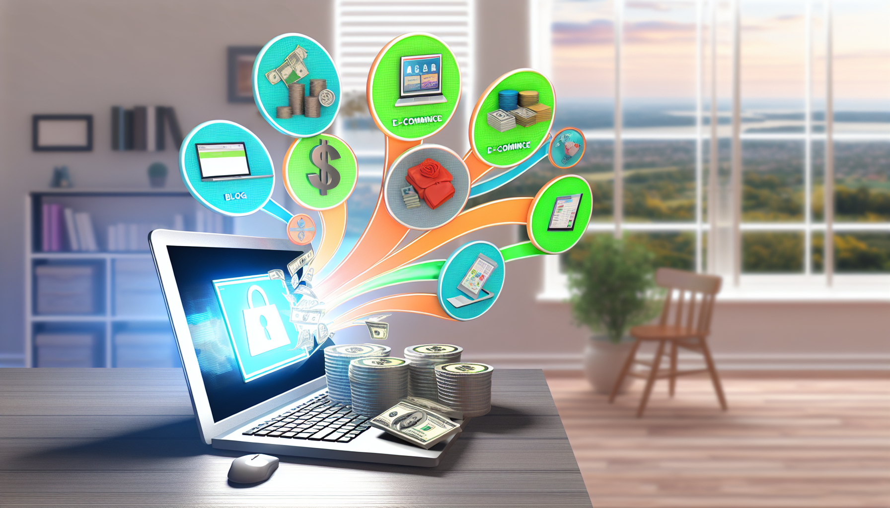 Eine visuelle Darstellung des Konzepts, Geld im Internet zu verdienen. Stellen Sie sich einen Laptop auf einem modernen Schreibtisch vor, dessen Bildschirm eine Vielzahl von Online-Einkommensquellen zeigt, wie einen florierenden Blog, eine E-Commerce-Website, eine Online-Handelsplattform und Möglichkeiten für freiberufliche Tätigkeiten. Fügen Sie Symbole für finanziellen Wohlstand hinzu; zum Beispiel Münzstapel und Geldscheine, die aus dem Bildschirm des Computers strömen. Rund um den Schreibtisch zeigen Sie eine komfortable Home-Office-Umgebung mit einem Fenster, das auf eine ruhige Nachmittagsszene blickt. Dies repräsentiert die Flexibilität, von zu Hause aus zu arbeiten.