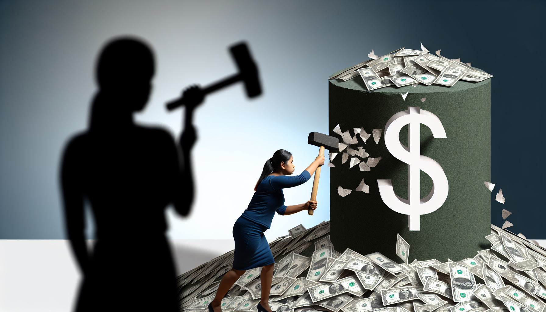 Visualisieren Sie das Konzept der Schuldenabbau. Ein metaphorisches Bild einer Person, die sorgfältig mit einem Meißel und Hammer an einem monumentalen Haufen von Dollar-Scheinen arbeitet. Die Person ist eine südasiatische Frau, konzentriert und entschlossen, jeder Schlag des Hammers lässt kleine Papier-Späne fliegen. Währenddessen verblassen schattenhafte Darstellungen von Stress und Sorgen im Hintergrund und veranschaulichen die Erleichterung, die durch die Reduzierung der Schulden entsteht.