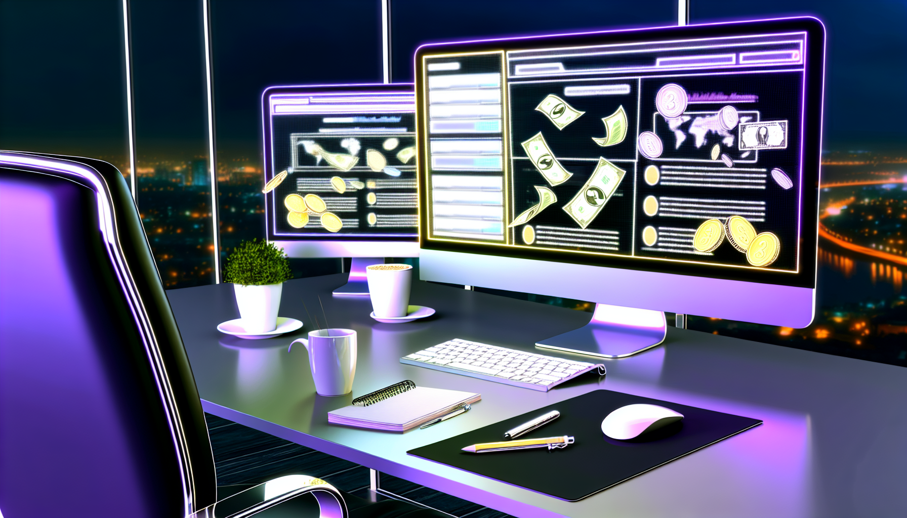 Darstellung eines eleganten Arbeitsumfelds, das sich auf die Generierung digitaler Einkünfte konzentriert. Ein Desktop-Computer mit mehreren Bildschirmen zeigt Webseiten, die mit Content-Erstellung, Online-Handel, digitalem Marketing und E-Commerce zu tun haben. Im Vordergrund befinden sich eine Tastatur und eine Maus, sowie ein bequemer Bürostuhl in der Nähe. Die Bildschirme strahlen ein sanftes Licht aus, das sich in den Kaffeetassen und Notizblöcken widerspiegelt, die über den Schreibtisch verteilt sind. Im Hintergrund könnte ein Fenster zu sehen sein, das eine nächtliche Stadtlandschaft zeigt und auf das nächtliche Treiben hinweist, das mit Internet-Geldverdien-Vorhaben verbunden ist. Dollarnoten und Münzen fließen digital von den Bildschirmen, was das verdiente Einkommen symbolisiert.