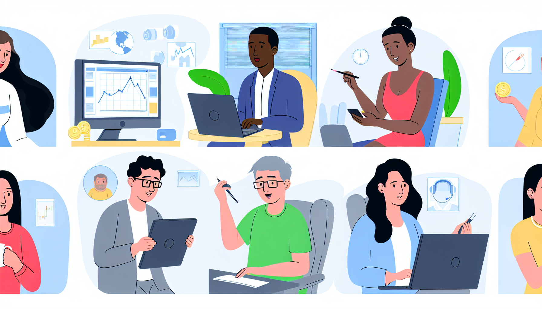 Eine illustrierte Szene, die verschiedene Möglichkeiten zeigt, im Internet Geld zu verdienen. Eine asiatische Frau arbeitet an ihrem Online-Blog, ein schwarzer Mann gestaltet eine Website, ein kaukasischer Mann nimmt an Online-Trading teil, und eine mittelöstliche Frau unterrichtet einen Online-Kurs. Jede Person befindet sich in ihrer eigenen Umgebung, die die Art ihrer Arbeit widerspiegelt. Die Illustration sollte die Vielfalt und die Bandbreite der Aktivitäten betonen, die im Internet zur Geldverdienung möglich sind.
