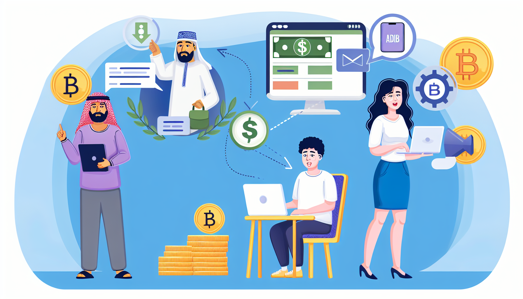 Illustration verschiedener Methoden, um Geld über das Internet zu verdienen. Links nutzt ein Mann aus dem Nahen Osten einen Laptop und nimmt aktiv an einem Online-Marktplatz teil. Rechts führt eine kaukasische Frau ein Webinar an ihrem Computer durch. In der Mitte schreibt ein südasiatischer Mann einen beliebten Blog und generiert Einnahmen durch Werbeeinnahmen. Der Hintergrund zeigt verschiedene Symbole, die unterschiedliche Online-Plattformen und digitale Währungen repräsentieren.