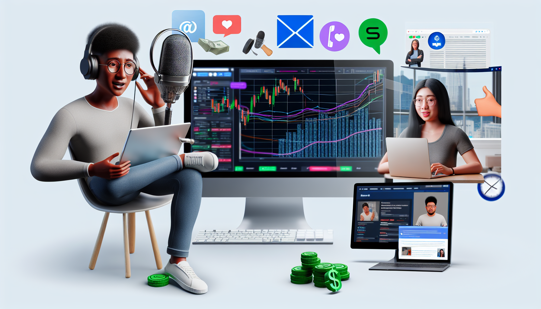 Eine realistische Darstellung verschiedener Möglichkeiten, online Geld zu verdienen. Im Vordergrund befindet sich ein Desktop-Computer, der Grafiken für den Aktienhandel, eine E-Commerce-Website und jemanden, der digitale Kunst erstellt, anzeigt. Auf der rechten Seite ist ein junger kaukasischer Mann in lässiger Kleidung, der in ein Mikrofon podcastet. In der Mitte ist eine schwarze Frau, die online unterrichtet. Auf der linken Seite schreibt ein asiatischer Mann einen Blog. Der Hintergrund zeigt Website-Icons wie soziale Medien-Apps und Online-Marktplätze. Zusätzliche Elemente wie E-Mails, Geldsymbole und Daumen-hoch-Icons sind subtil verteilt.