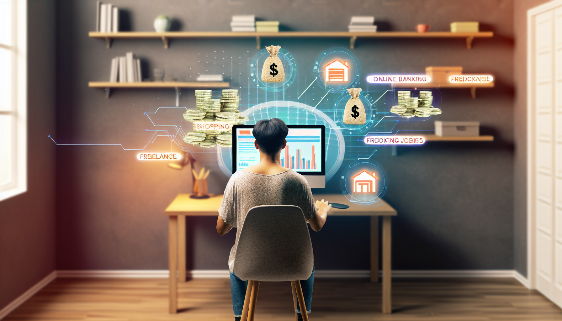 Ein Bild, das das Konzept des Geldverdienens online darstellt. Es zeigt eine Person asiatischer Abstammung, die vor einem Computer sitzt und verschiedene Aktivitäten ausführt. Der Computerbildschirm zeigt Elemente wie Grafiken, eine Online-Banking-Oberfläche, Einkaufswebsites und Plattformen für Freiberufler, die verschiedene Möglichkeiten repräsentieren, online Geld zu verdienen. Die Umgebung ist ein gemütliches, gut beleuchtetes Homeoffice, das den Komfort eines Studierzimmers ausstrahlt. Auf dem Schreibtisch liegen Stapel von Münzen und Banknoten, die das Einkommen symbolisieren, das durch Online-Unternehmungen generiert wird.