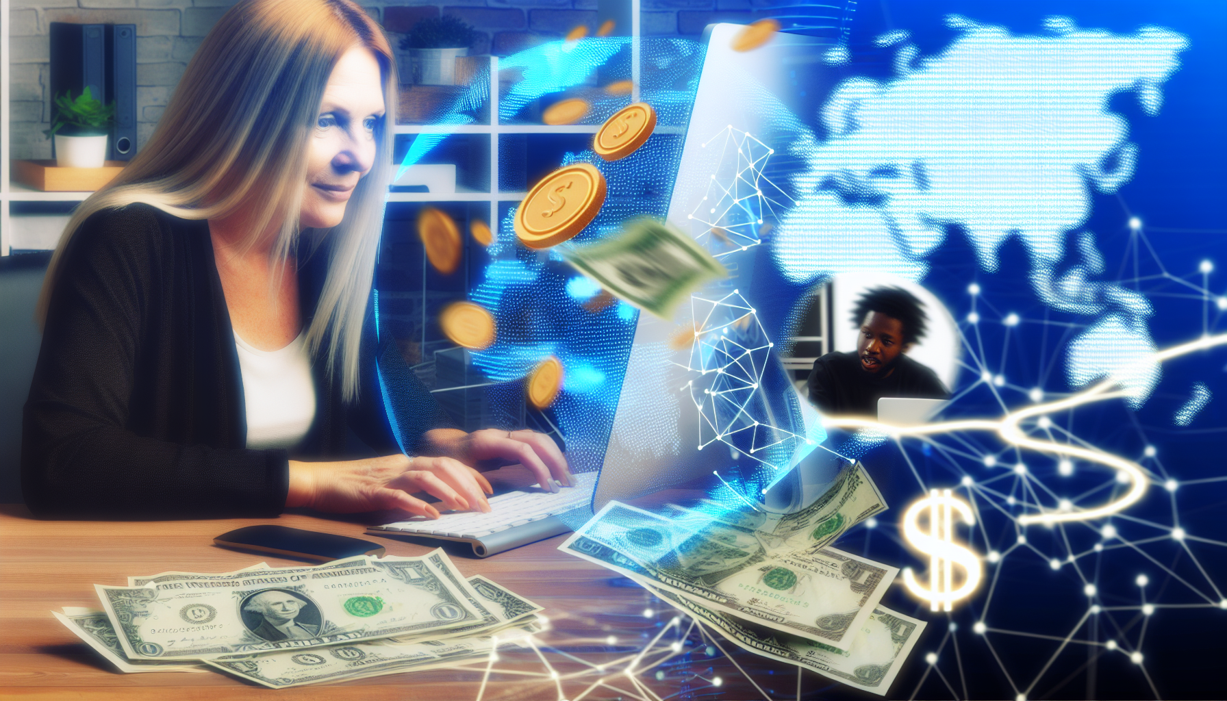 Ein Bild, das das Konzept des Geldverdienens online darstellt. In der Mitte sitzt eine kaukasische Frau hinter einem Schreibtisch mit einem Computer und tippt eifrig einen Text. Digitale Münzen und Banknoten wirbeln um den Bildschirm und symbolisieren das Online-Einkommen. Rechts von der Frau ist ein schwarzer Mann zu sehen, der in einem Online-Videoanruf einen Geschäftsplan bespricht. Der Hintergrund zeigt eine Weltkarte mit Internetverbindungssträngen, die das Internet als universelle Plattform für finanzielle Transaktionen repräsentiert.