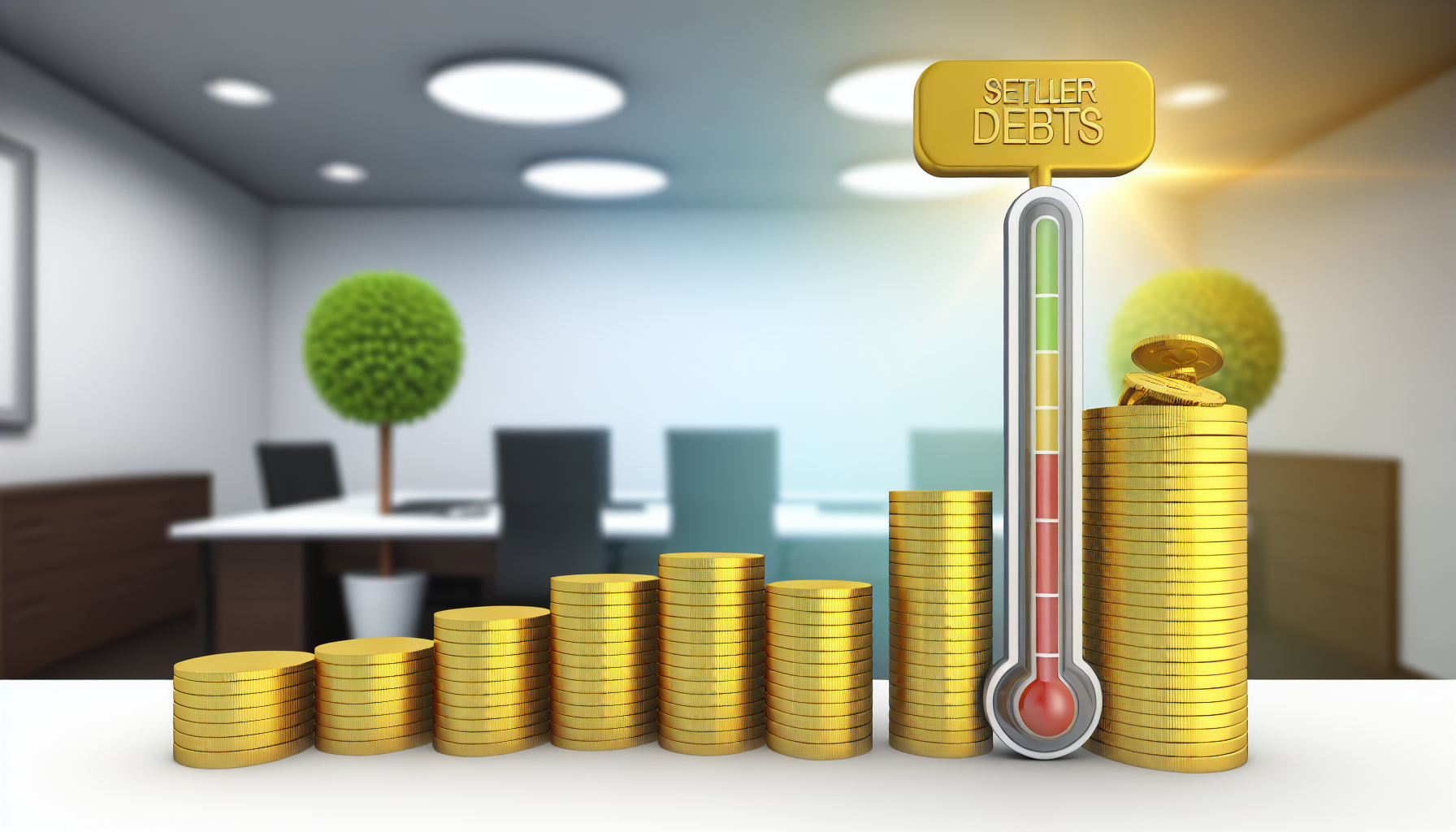 Eine visuelle Darstellung der Schuldenbegleichung. Zeigen Sie Stapel von goldenen Münzen, die im Laufe der Zeit abnehmen. Ein thermometerähnlicher Fortschrittsbalken zeigt den sinkenden Stand der ausstehenden Schulden an. Der Hintergrund ist eine stilisierte Büroumgebung mit modernen Büromöbeln und grünen Topfpflanzen.