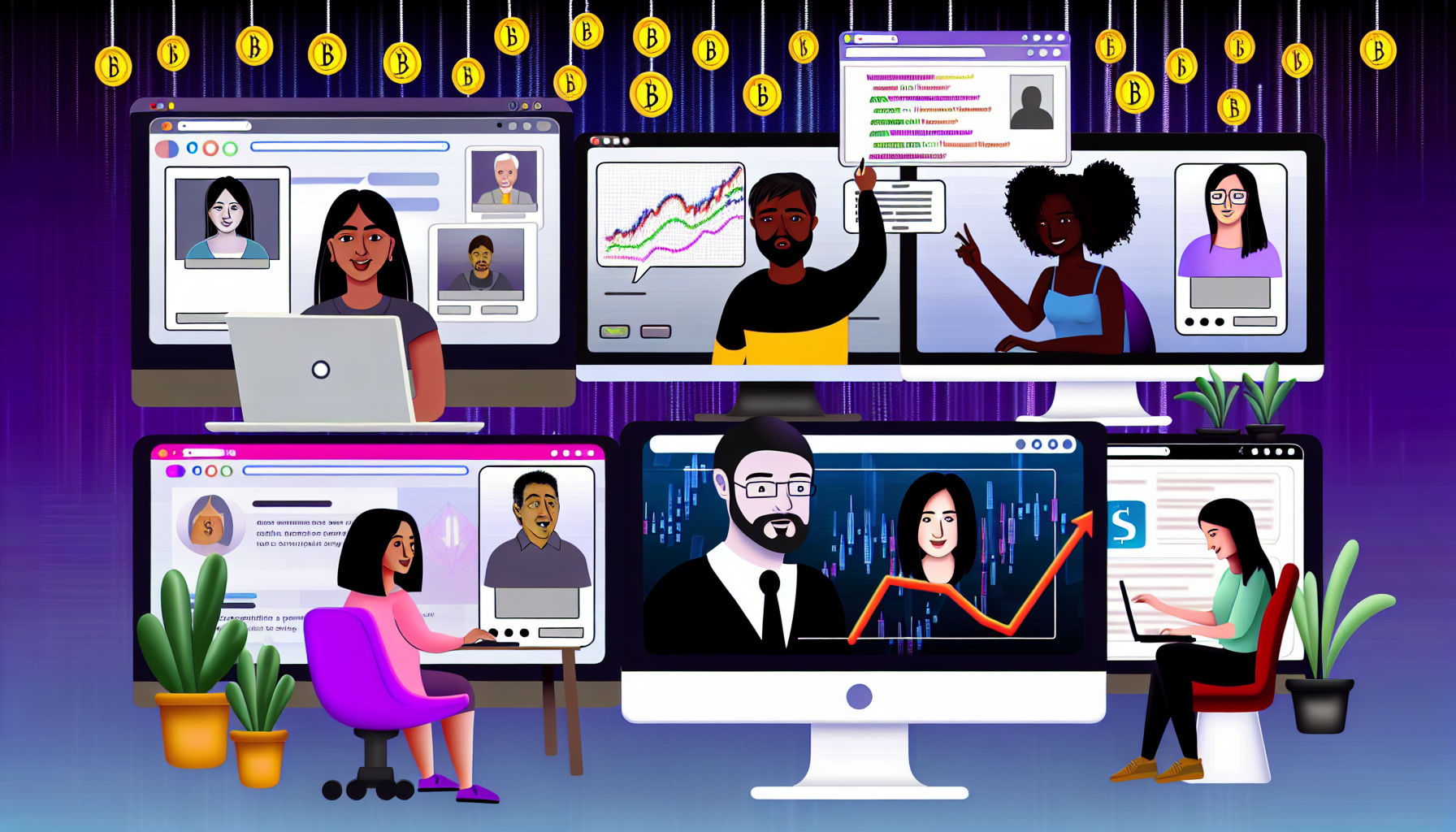 Eine Illustration, die verschiedene Methoden zum Geldverdienen online darstellt. Auf einer Reihe von Computerbildschirmen sind mehrere Online-Möglichkeiten zu sehen: Eine südasianische Frau ist auf einem Bildschirm beim Programmieren zu sehen, ein schwarzer Mann wird auf einem anderen Bildschirm beim Schreiben eines Blogs gezeigt, ein hispanischer Mann wird beim Handel mit Aktien auf einem Display dargestellt, und eine mittelöstliche Frau unterrichtet in einer virtuellen Klasse auf einem weiteren Bildschirm. Ein kaukasischer Mann analysiert die SEO-Metriken einer Website auf dem letzten Monitor. Der Hintergrund zeigt einen Fluss von Symbolen digitaler Währungen.