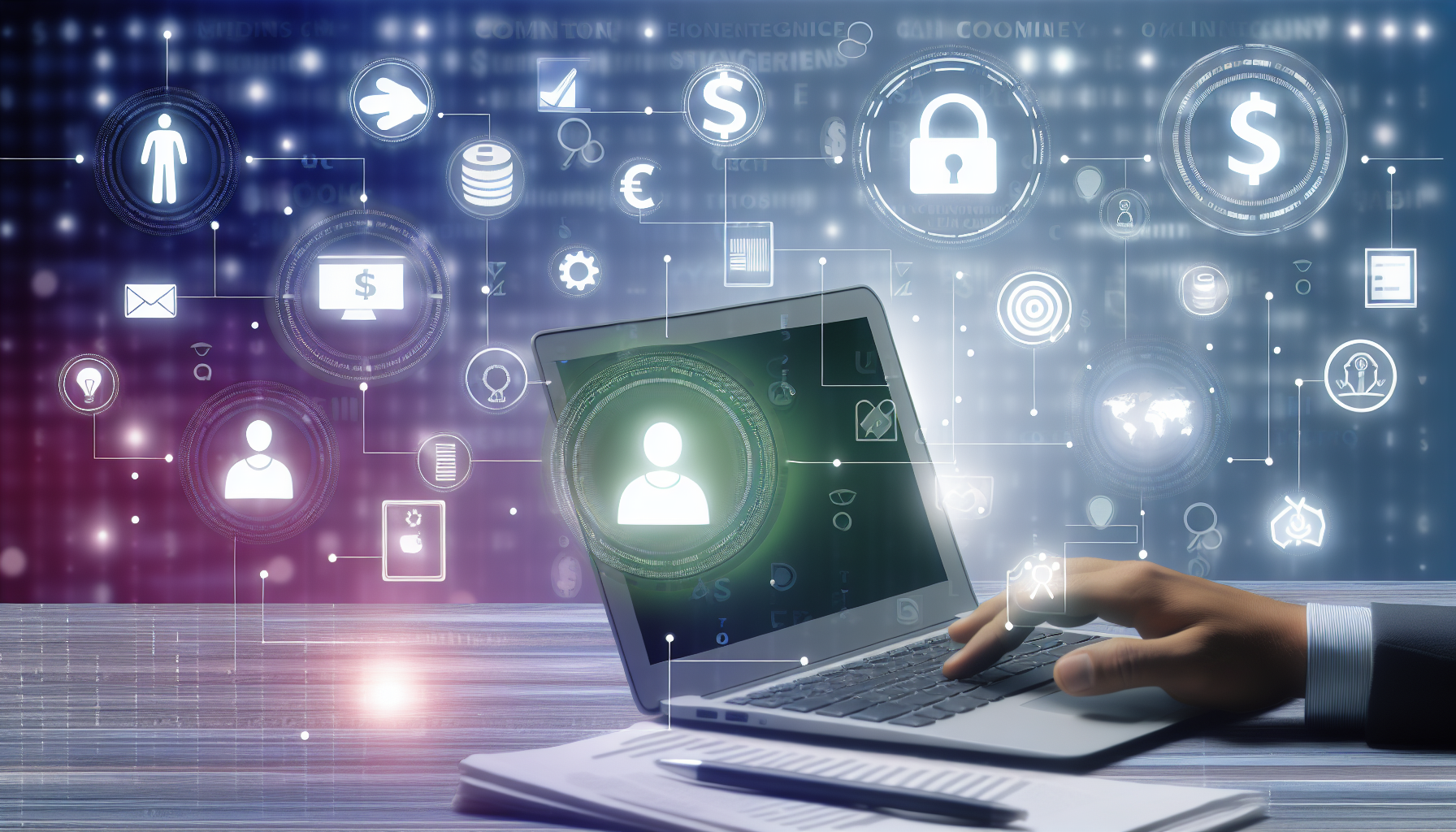 Stellen Sie das Konzept des Geldverdienens online dar. Dies könnte auf verschiedene Weise interpretiert werden – es könnte einen Laptop zeigen, der einen erfolgreichen Online-Shop anzeigt, eine Person, die vor dem Computer sitzt und digitale Marketingstrategien studiert, oder einen Hintergrund, der mit Symbolen gefüllt ist, die Internettechnologien und digitale Währungen repräsentieren. Achten Sie darauf, dass die gesamte Stimmung Erfolg und Fortschritt vermittelt.
