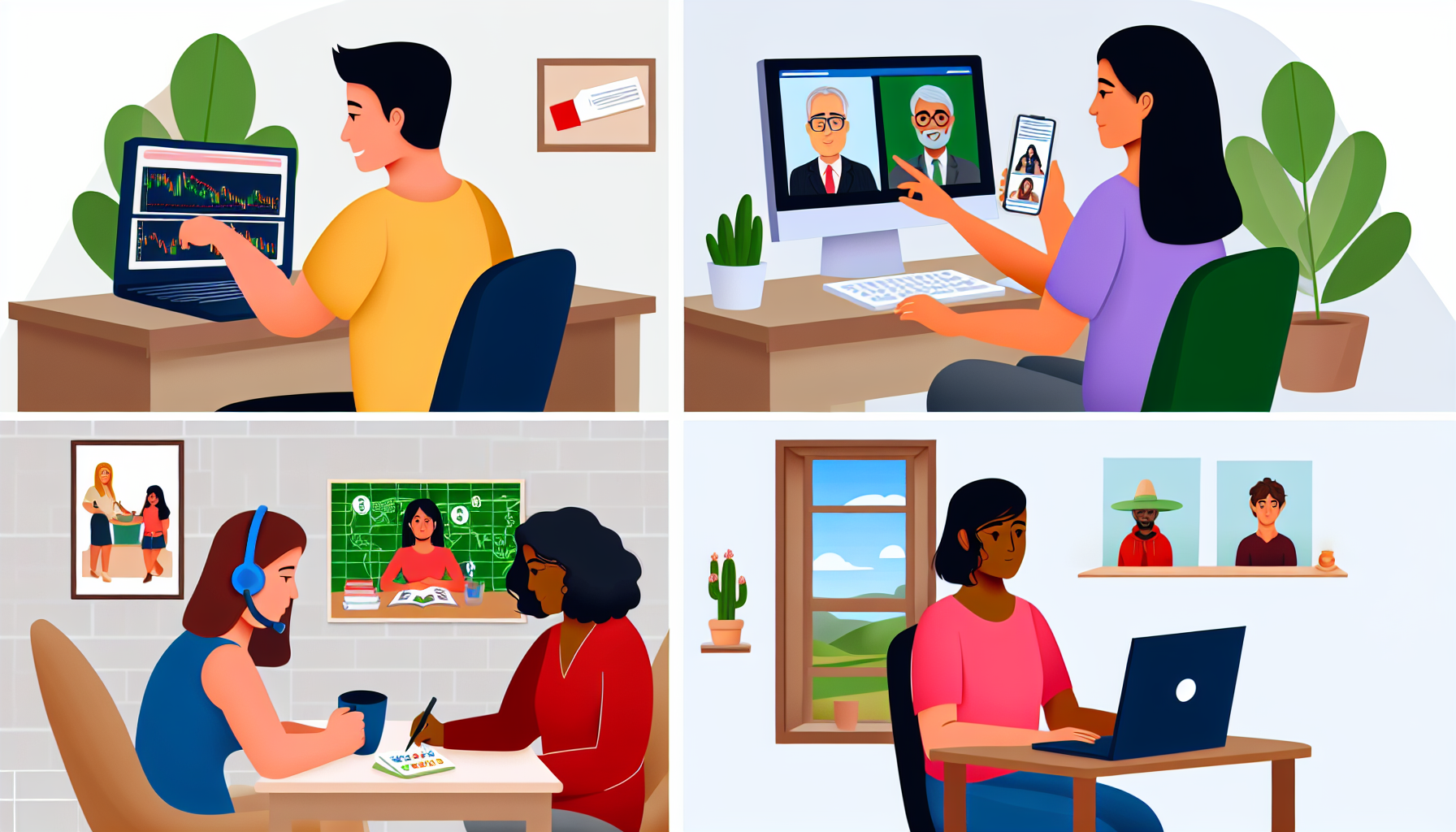 Eine Illustration einer Person, die sich mit verschiedenen Online-Aktivitäten beschäftigt, um Geld zu verdienen. Dies könnte einen kaukasischen Mann zeigen, der an seinem Computer mit Aktien handelt, eine schwarze Frau, die auf ihrem Laptop Webseiten gestaltet, einen hispanischen Mann, der Sprachen in einem Videoanruf unterrichtet, und eine südasiatische Frau, die handgefertigte Kunstwerke auf einer E-Commerce-Plattform verkauft. Der Hintergrund zeigt ein friedliches Homeoffice mit einem Fenster, das einen sonnigen Tag draußen offenbart.