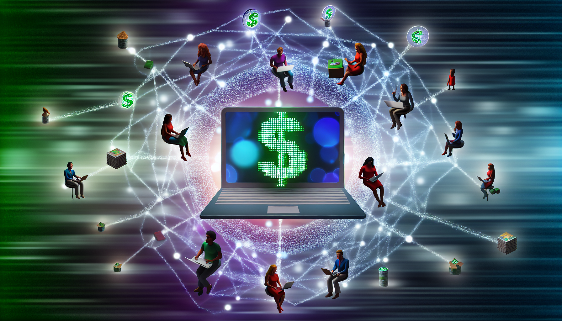 Eine dynamische visuelle Metapher, die das Geldverdienen im Internet darstellt. In der Mitte befindet sich ein schlanker, moderner Laptop-Bildschirm, der pixelierte Dollarsymbole ausstrahlt. Um diesen Bildschirm herum sind verschiedene Personen versammelt, die jeweils tief in ihre Aktivitäten vertieft sind, wie das Schreiben von Blogs, die Entwicklung von mobilen Apps und den Handel mit Kryptowährungen. Aus einer Vogelperspektive sieht man auch einige, die Online-Nachhilfe geben, und andere, die E-Commerce-Shops verwalten. Der Hintergrund zeigt ein stilisiertes Netzwerk aus wirbelnden Datenlinien und leuchtenden Knoten, das die weite digitale Welt symbolisiert. Achten Sie auf Vielfalt, indem Sie Menschen unterschiedlicher Herkunft und Geschlechter einbeziehen.