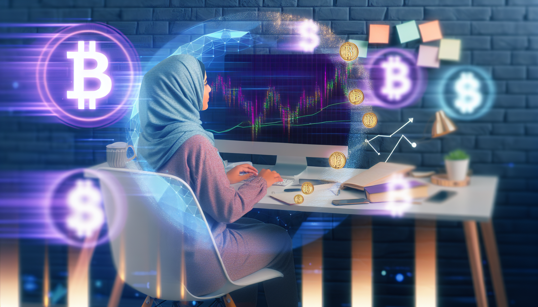 Ein Bild, das symbolisch das Geldverdienen im Internet darstellt. Die Szene zeigt eine Frau aus dem Nahen Osten, die bequem an ihrem Schreibtisch zu Hause sitzt, während ihre Hände beschäftigt sind, auf der Computertastatur zu tippen. Auf dem Computerbildschirm sind Grafiken und Daten zu sehen, die das Gedeihen digitaler Geschäfte darstellen. Der Raum ist mit Elementen ausgestattet, die eine Homeoffice-Umgebung fördern, wie Haftnotizen, eine Tasse Kaffee und Bücher über digitales Marketing. Im Hintergrund leuchten sanft Symbole für digitales Geld oder Kryptowährungen, die die Online-Einnahmen repräsentieren.