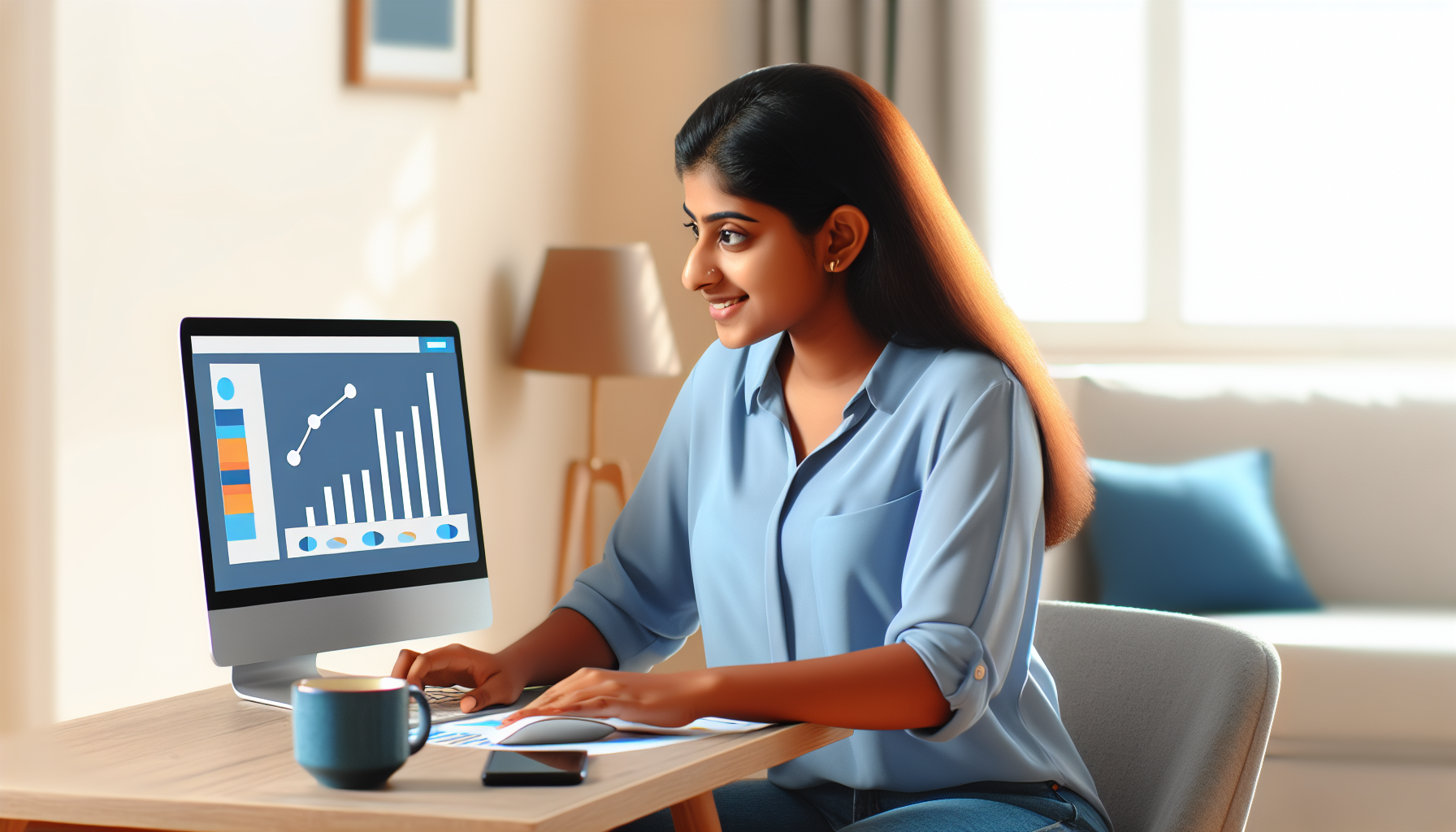 Stellen Sie das Konzept des Geldverdienens online dar. In der Illustration sehen wir eine junge südasiatische Frau, die bequem zu Hause sitzt und an ihrem Computer arbeitet. Der Bildschirm des Computers zeigt Grafiken und Zahlen, die ein Umsatzwachstum anzeigen. Sie befindet sich in einem gut beleuchteten Raum, neben ihr steht eine Tasse Kaffee. Ihr Gesichtsausdruck ist entspannt und zufrieden, während sie die Flexibilität und den Komfort ihres Online-Jobs genießt.