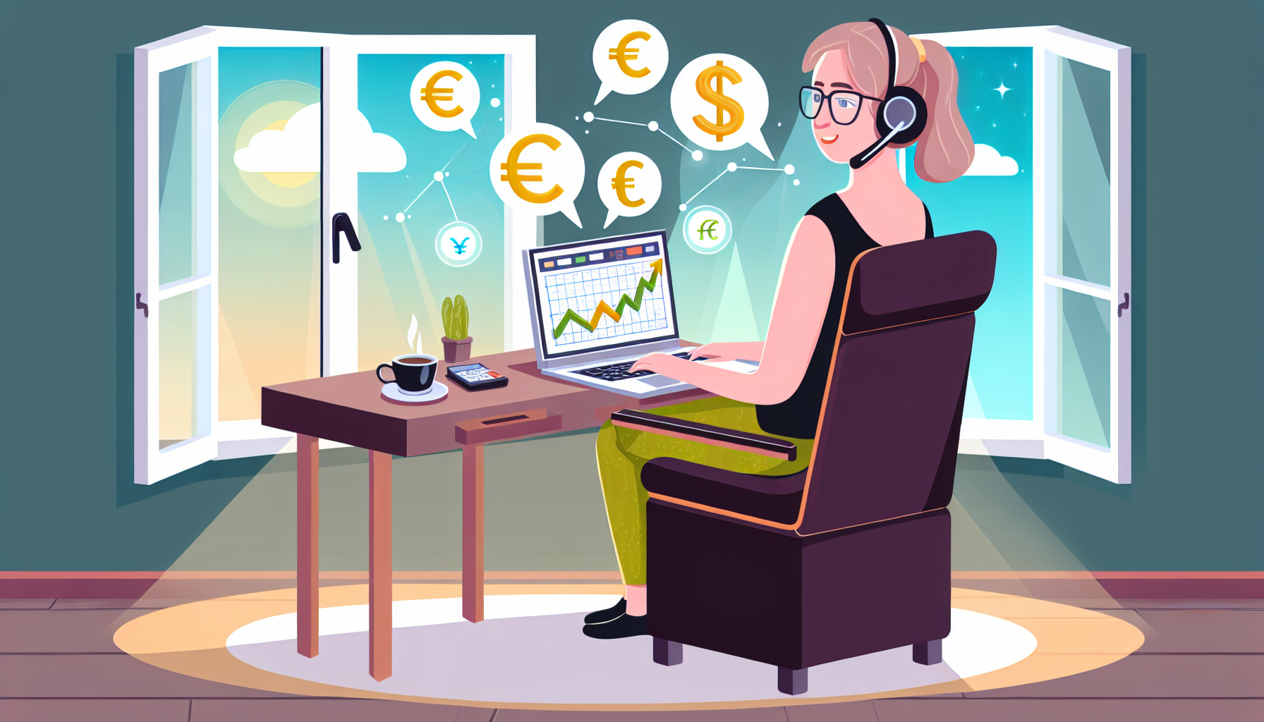 Eine Illustration, die das Geldverdienen online darstellt. Zeigen Sie ein gut beleuchtetes Homeoffice mit einem Schreibtisch, auf dem ein Laptop mit Diagrammen und Grafiken steht, einem bequemen Stuhl, einem Headset und einer Tasse Kaffee. Eine kaukasische Frau mit Brille sitzt am Schreibtisch und tippt auf dem Laptop. Durch das Fenster ist Tageslicht zu sehen, um die Flexibilität der Arbeitszeiten darzustellen. Fügen Sie die Symbole mehrerer Währungen wie Dollar, Euro und Yen in Blasen hinzu, die nach oben von dem Bildschirm schweben, um das globale Potenzial des Geldverdienens online darzustellen.